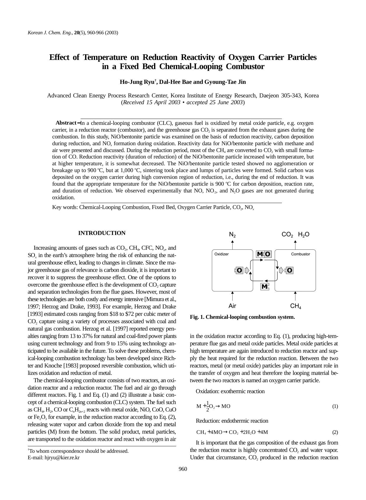 Effect of temperature on reduction reactivity of oxygen carrier particles in a fixed bed chemical-looping combustor by Unknown