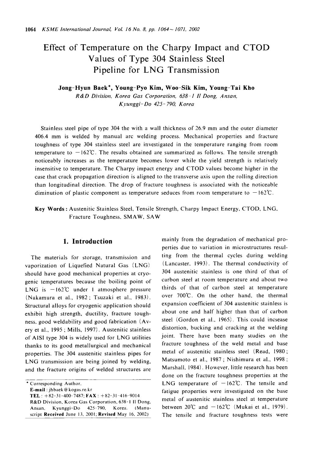 Effect of temperature on the charpy impact and CTOD values of type 304 stainless steel pipeline for LNG transmission by Unknown
