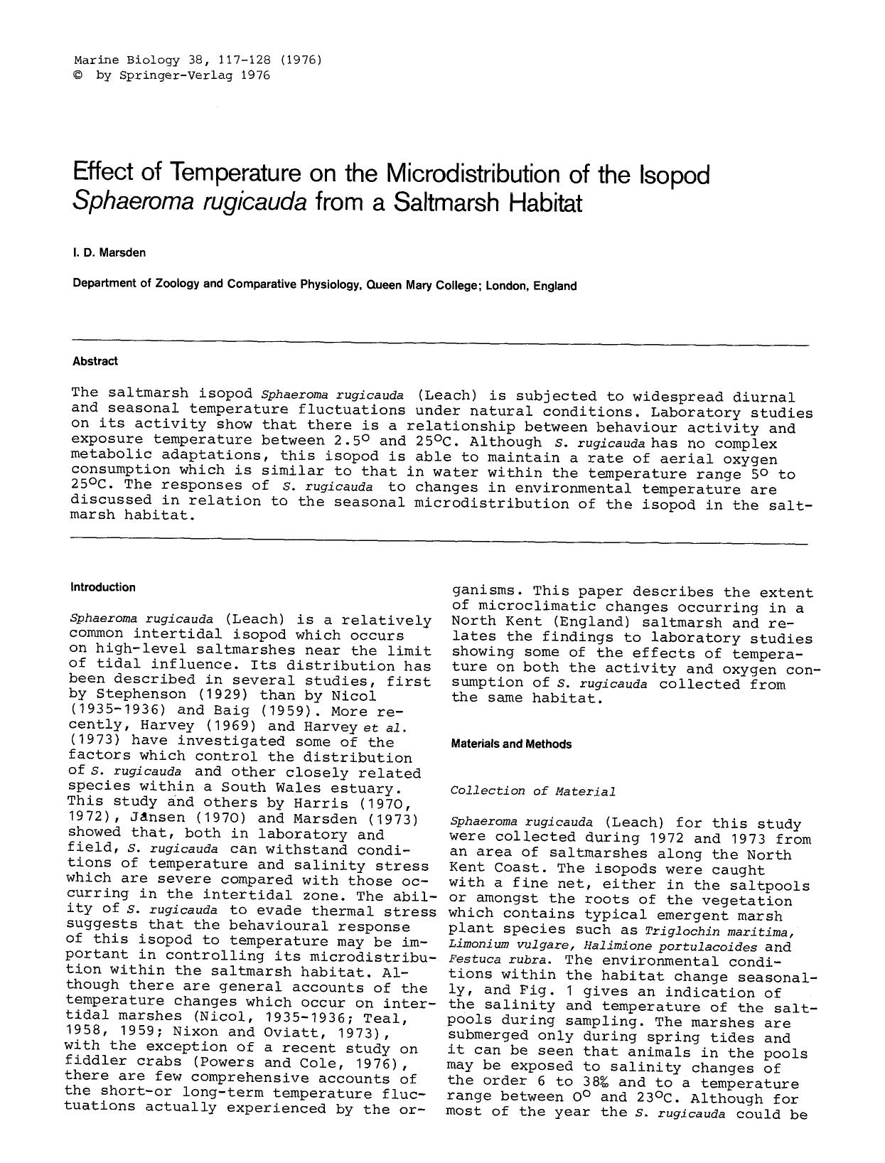 Effect of temperature on the microdistribution of the isopod <Emphasis Type="Italic">Sphaeroma rugicauda<Emphasis> from a saltmarsh habitat by Unknown