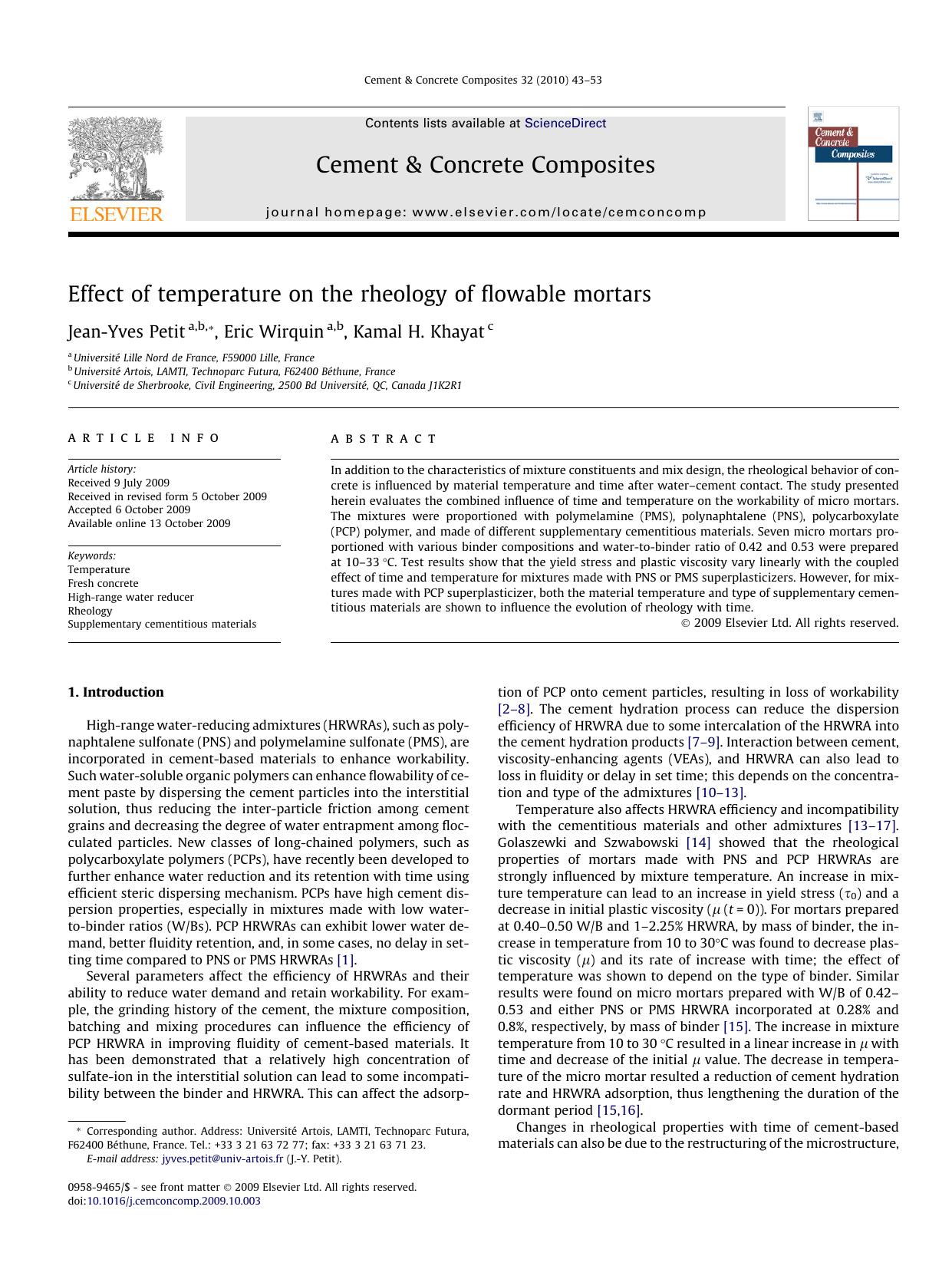 Effect of temperature on the rheology of flowable mortars by Jean-Yves Petit; Eric Wirquin; Kamal H. Khayat
