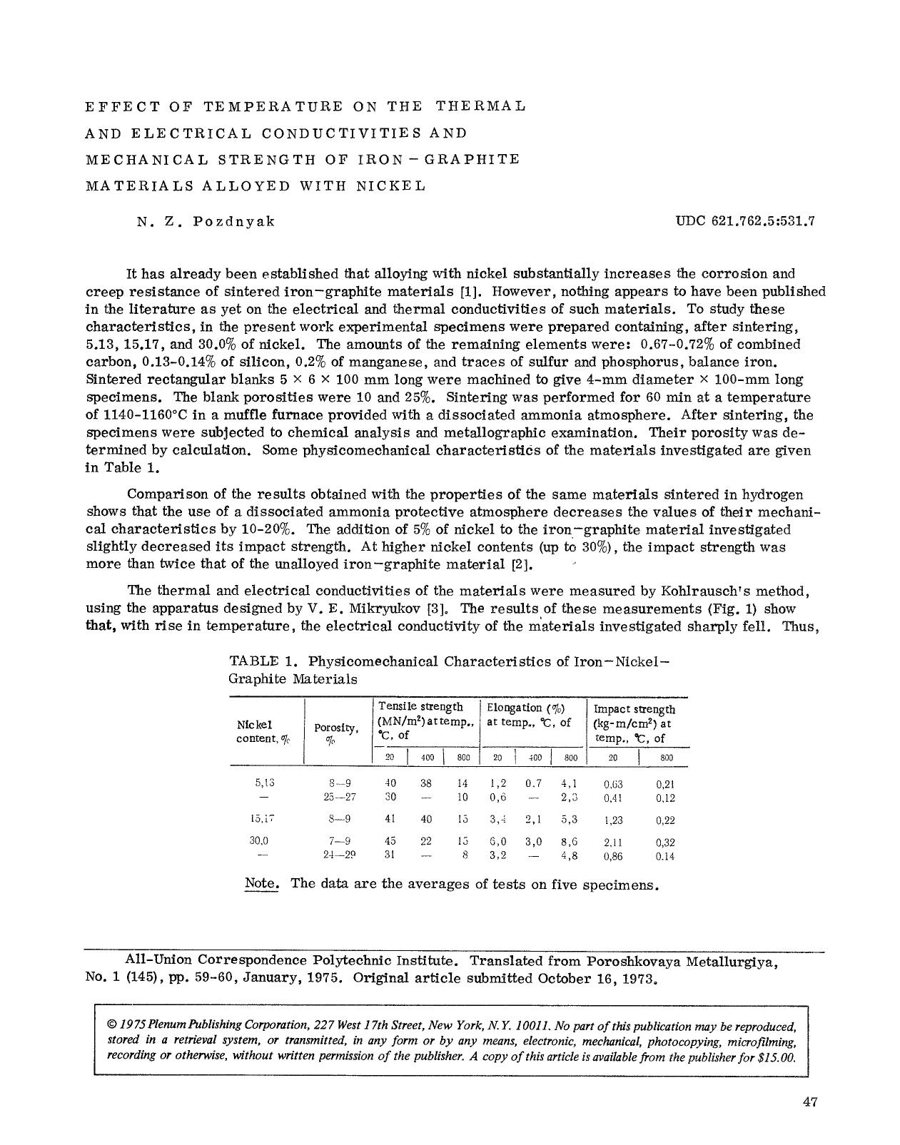Effect of temperature on the thermal and electrical conductivities and mechanical strength of iron-graphite materials alloyed with nickel by Unknown