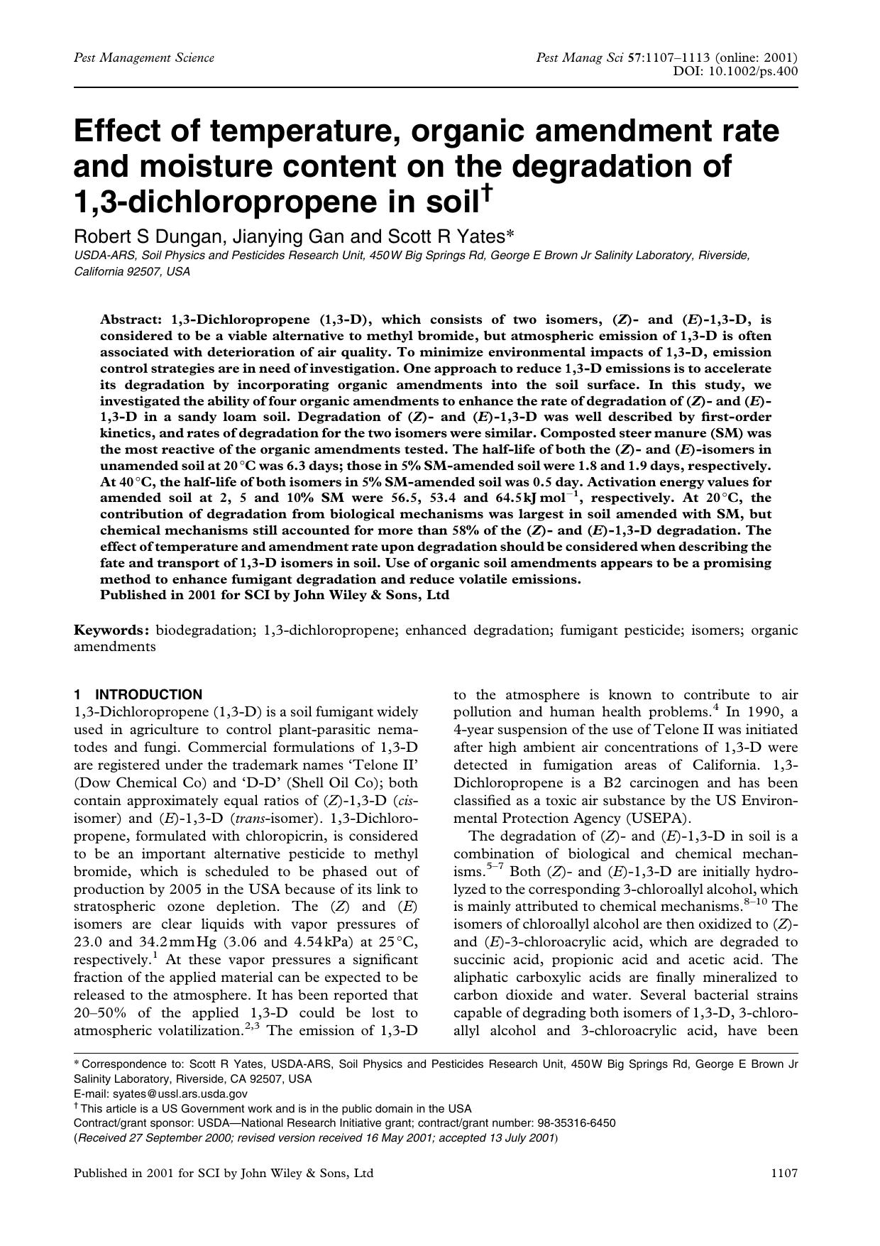 Effect of temperature, organic amendment rate and moisture content on the degradation of 1,3-dichloropropene in soil by Unknown