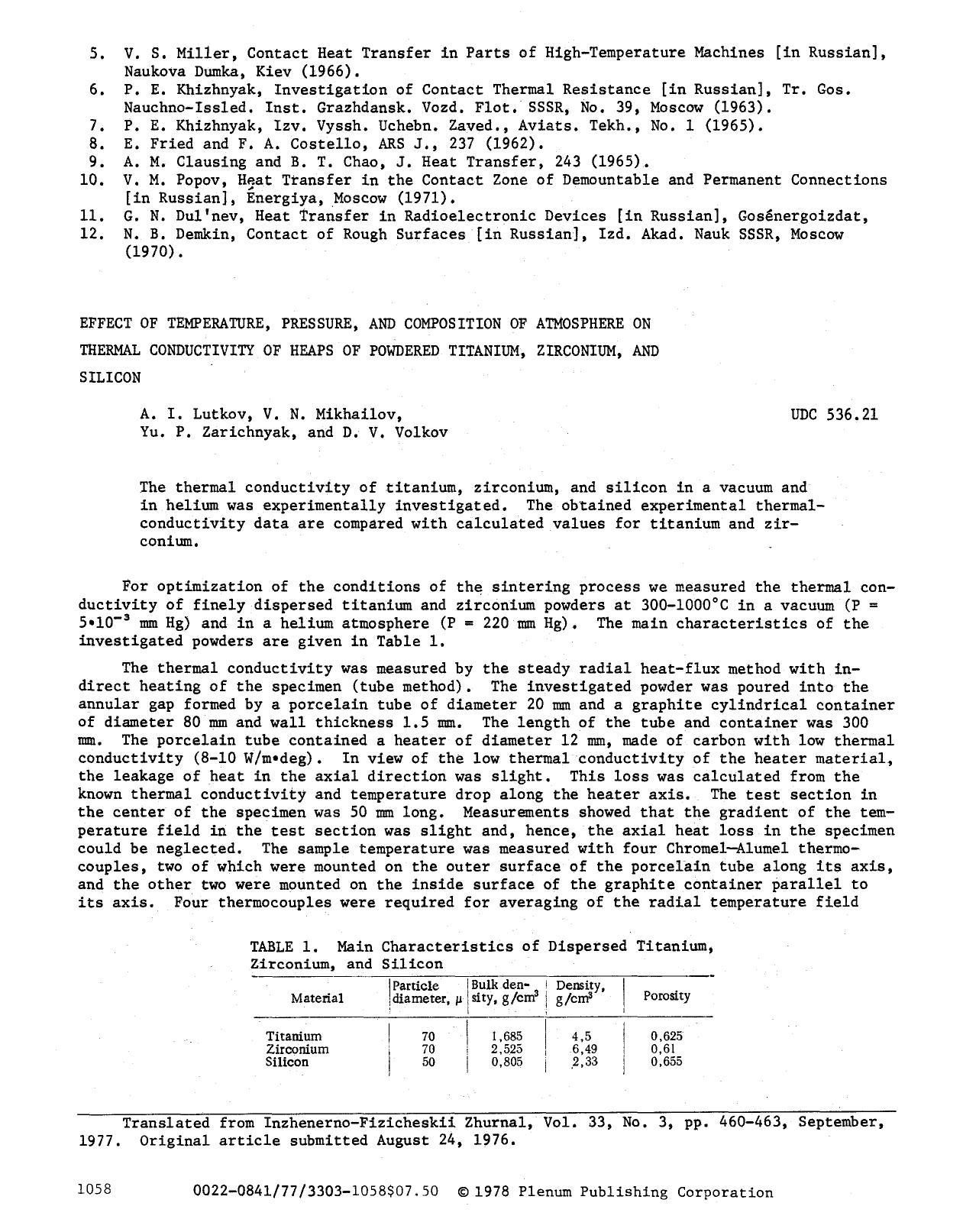 Effect of temperature, pressure, and composition of atmosphere on thermal conductivity of heaps of powdered titanium, zirconium, and silicon by Unknown