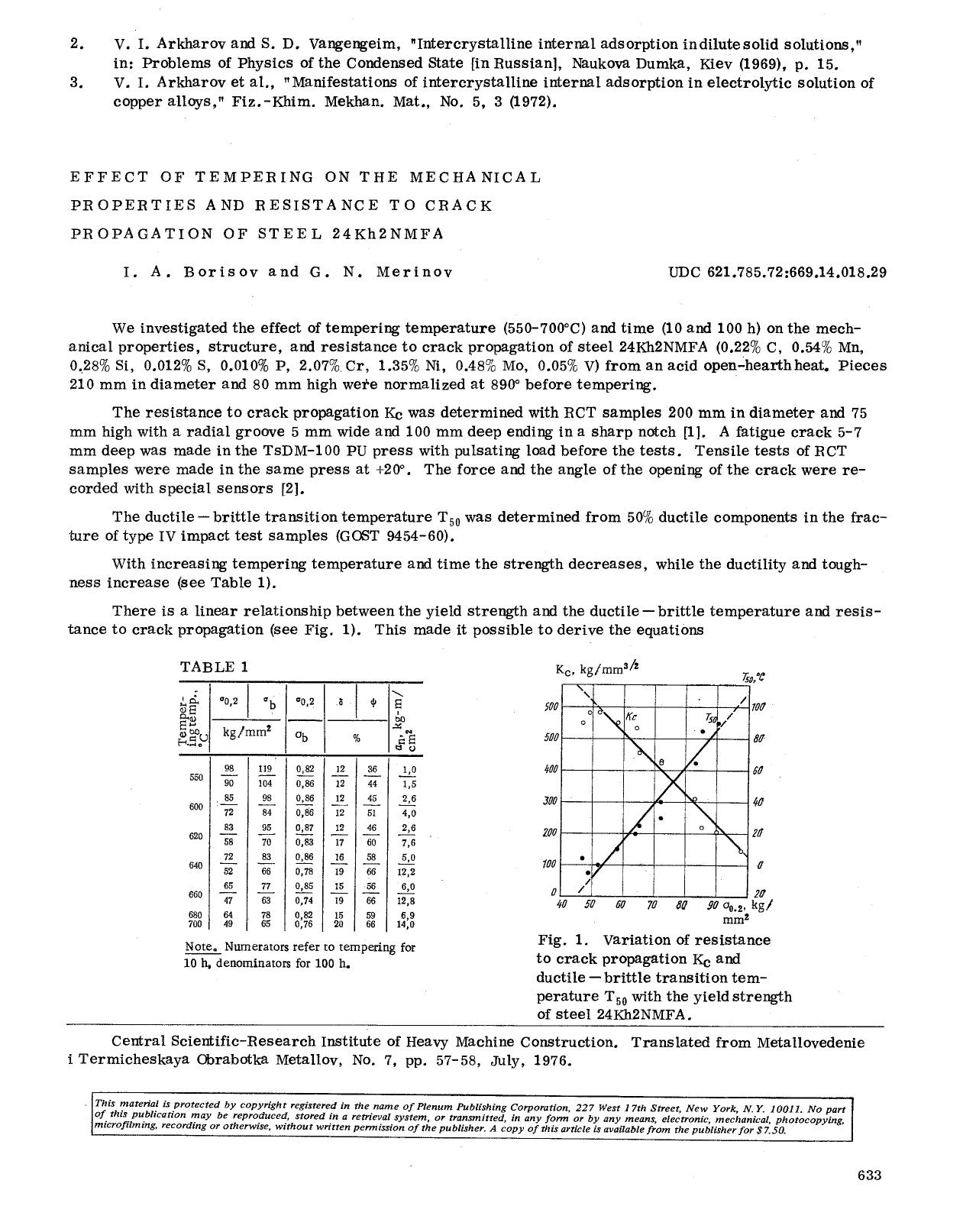 Effect of tempering on the mechanical properties and resistance to crack propagation of steel 24Kh2NMFA by Unknown