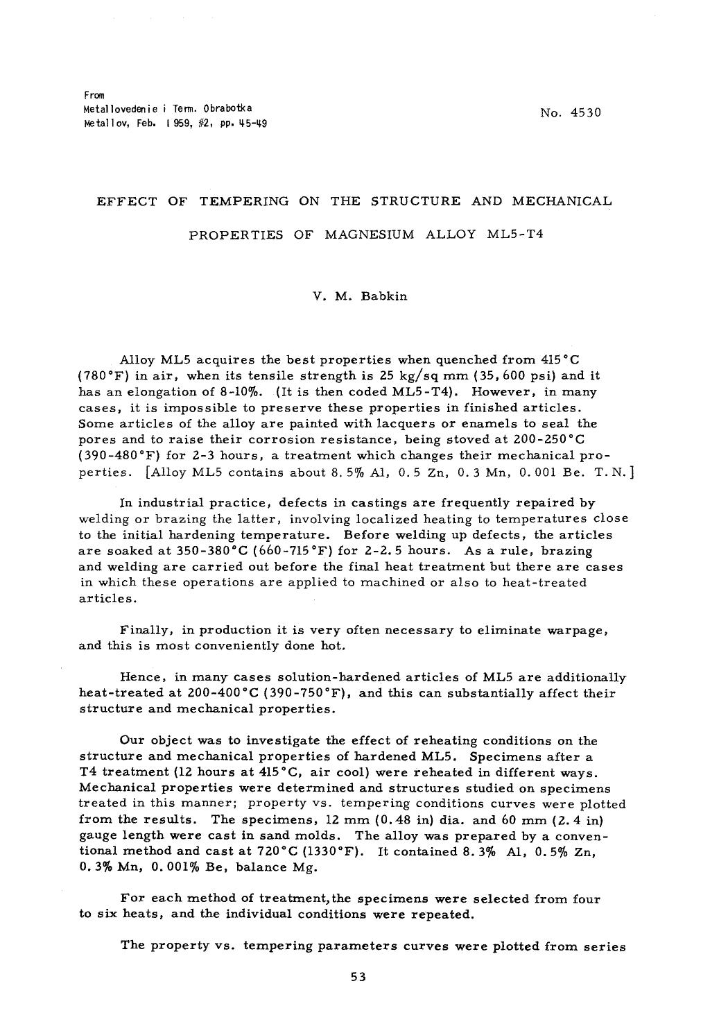 Effect of tempering on the structure and mechanical properties of magnesium alloy ML5-T4 by Unknown
