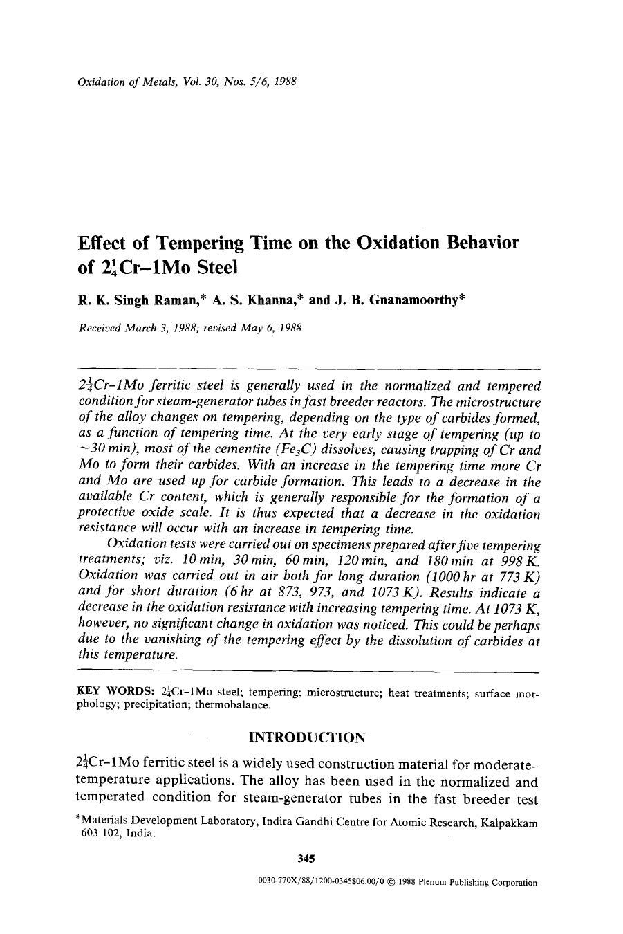 Effect of tempering time on the oxidation behavior of 214Cr-1Mo steel by Unknown
