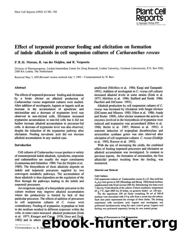 Effect of terpenoid precursor feeding and elicitation on formation of indole alkaloids in cell suspension cultures of <Emphasis Type="Italic">Catharanthus roseus<Emphasis> by Unknown