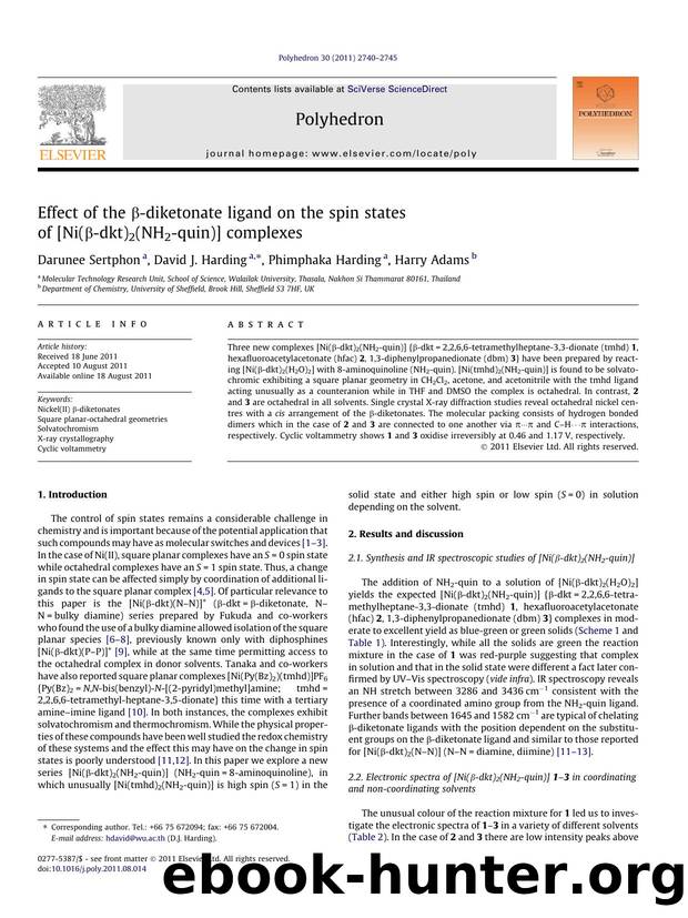 Effect of the ÃÂ²-diketonate ligand on the spin states of [Ni(ÃÂ²-dkt)2(NH2-quin)] complexes by Darunee Sertphon & David J. Harding & Phimphaka Harding & Harry Adams