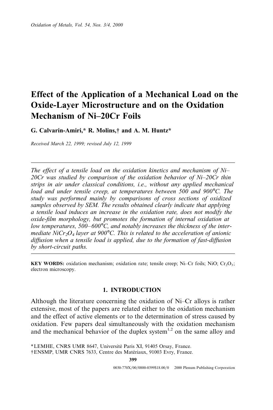 Effect of the Application of a Mechanical Load on the Oxide-Layer Microstructure and on the Oxidation Mechanism of Ni&#x2013;20Cr Foils by Unknown