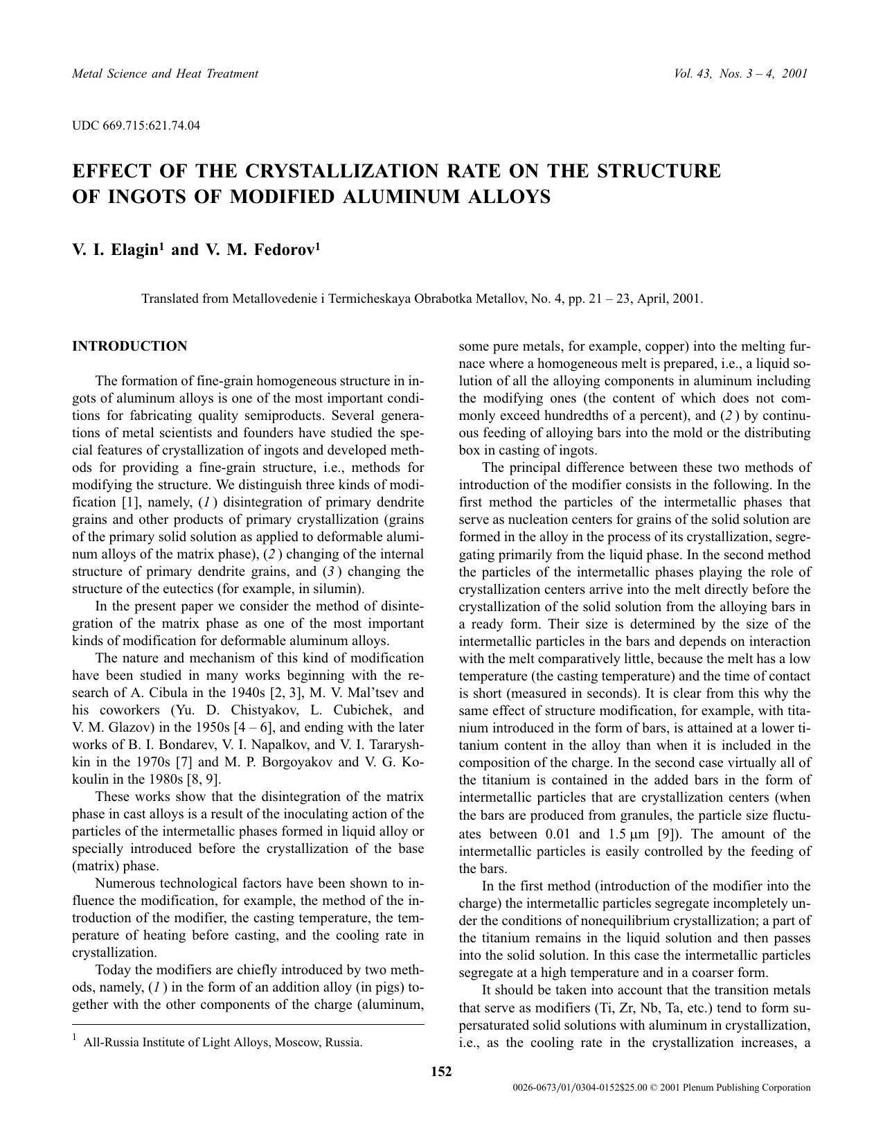 Effect of the Crystallization Rate on the Structure of Ingots of Modified Aluminum Alloys by Unknown