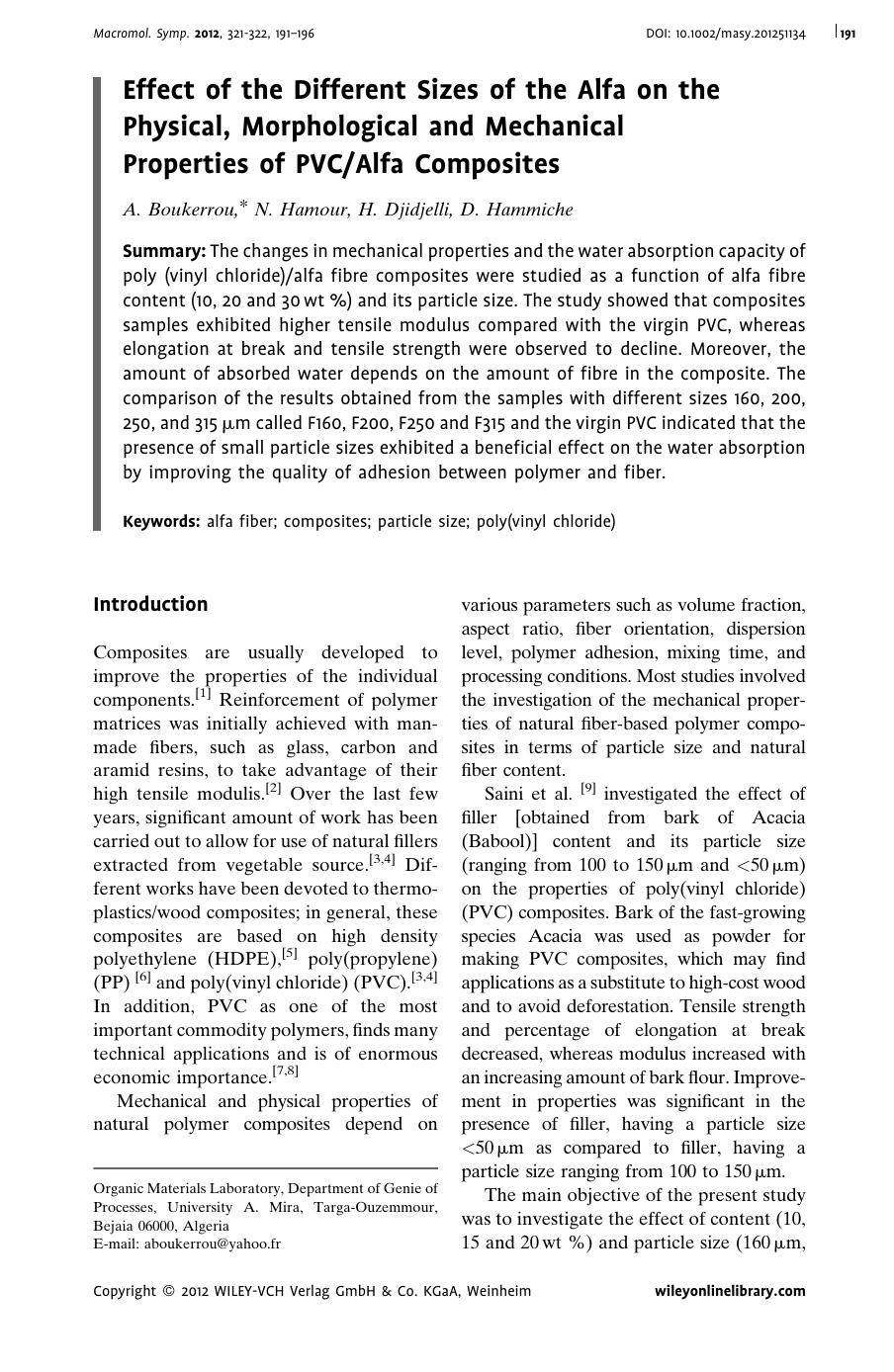 Effect of the Different Sizes of the Alfa on the Physical, Morphological and Mechanical Properties of PVCAlfa Composites by Unknown