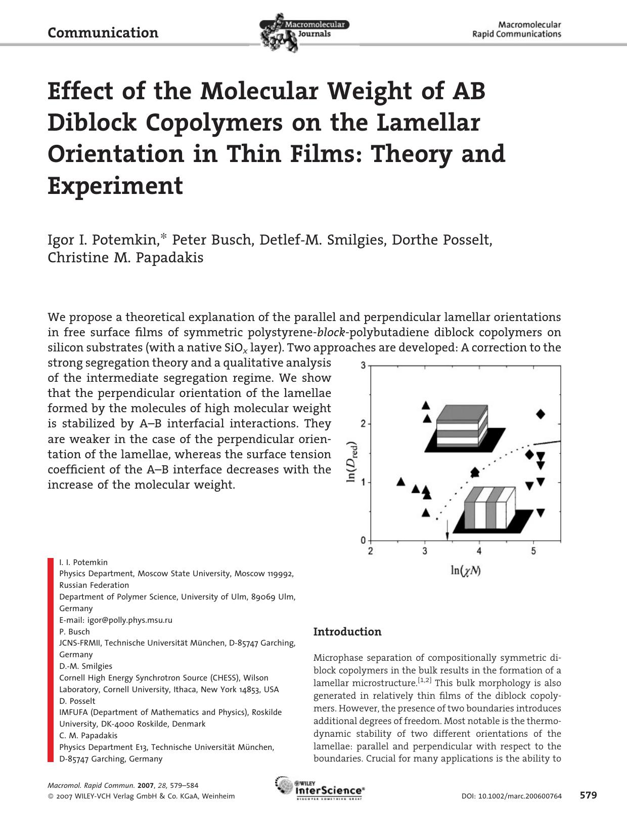 Effect of the Molecular Weight of AB Diblock Copolymers on the Lamellar Orientation in Thin Films: Theory and Experiment by Unknown