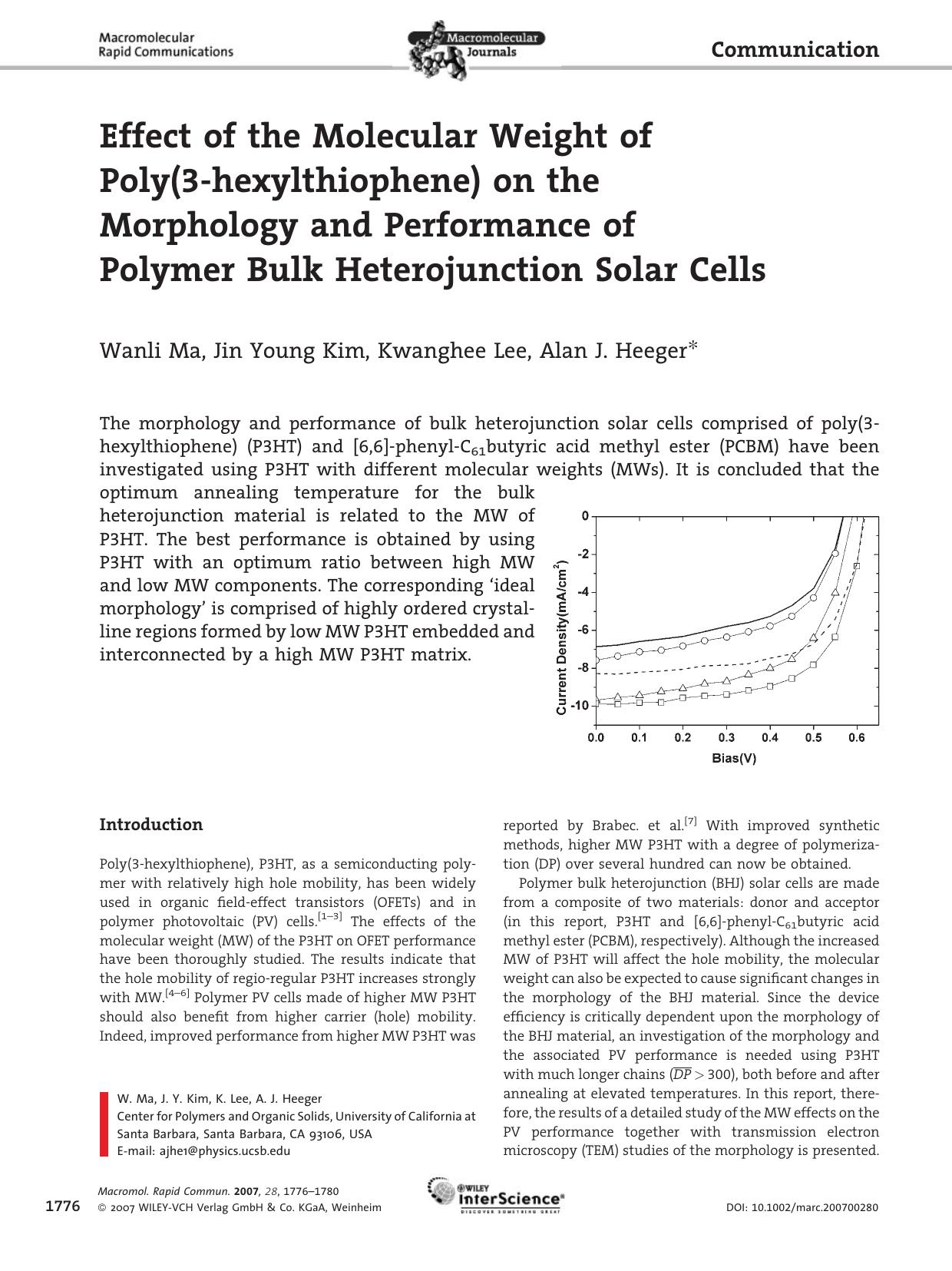 Effect of the Molecular Weight of Poly(3-hexylthiophene) on the Morphology and Performance of Polymer Bulk Heterojunction Solar Cells by Unknown