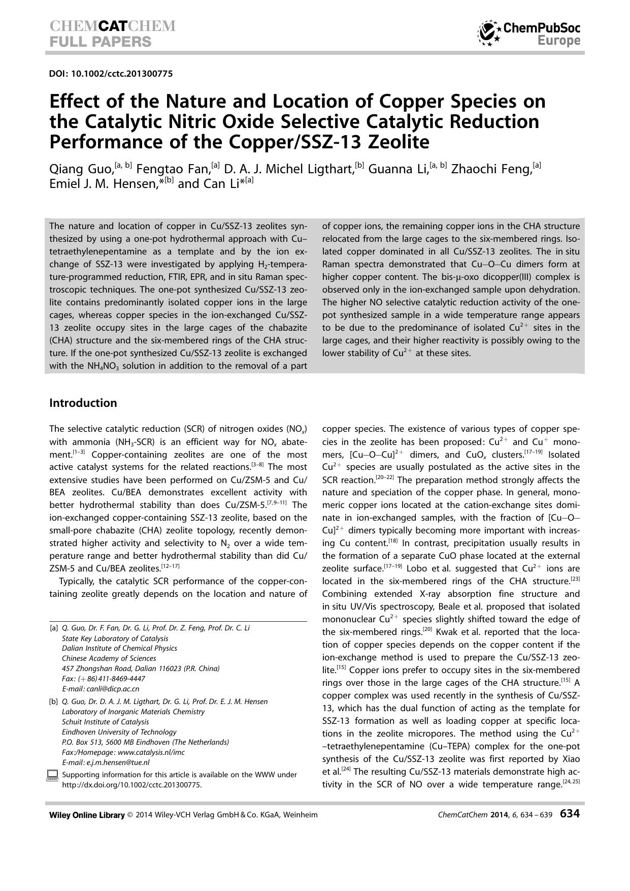 Effect of the Nature and Location of Copper Species on the Catalytic Nitric Oxide Selective Catalytic Reduction Performance of the CopperSSZ13 Zeolite by Unknown