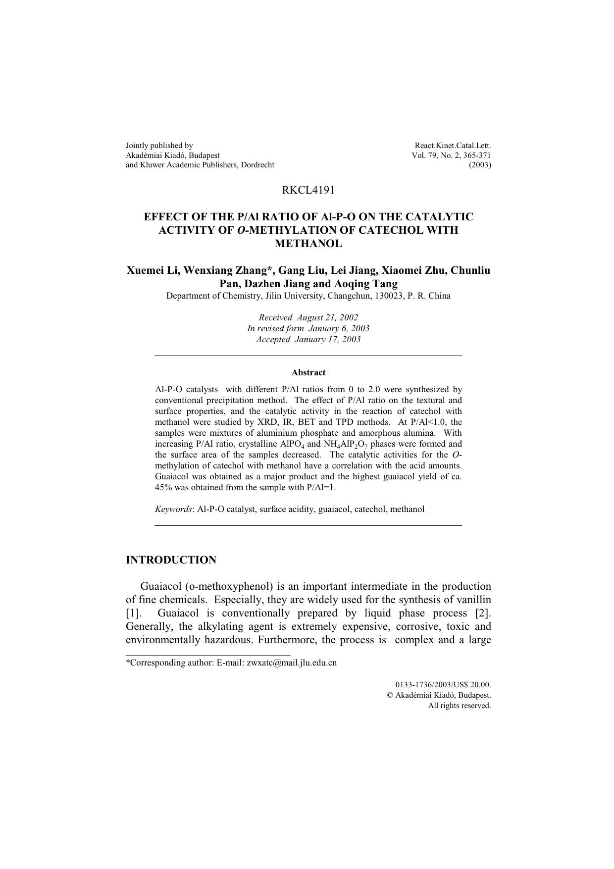 Effect of the PAl ratio of Al-P-O on the catalytic activity of <Emphasis Type="Italic">o<Emphasis>-methylation of catechol with methanol by Unknown