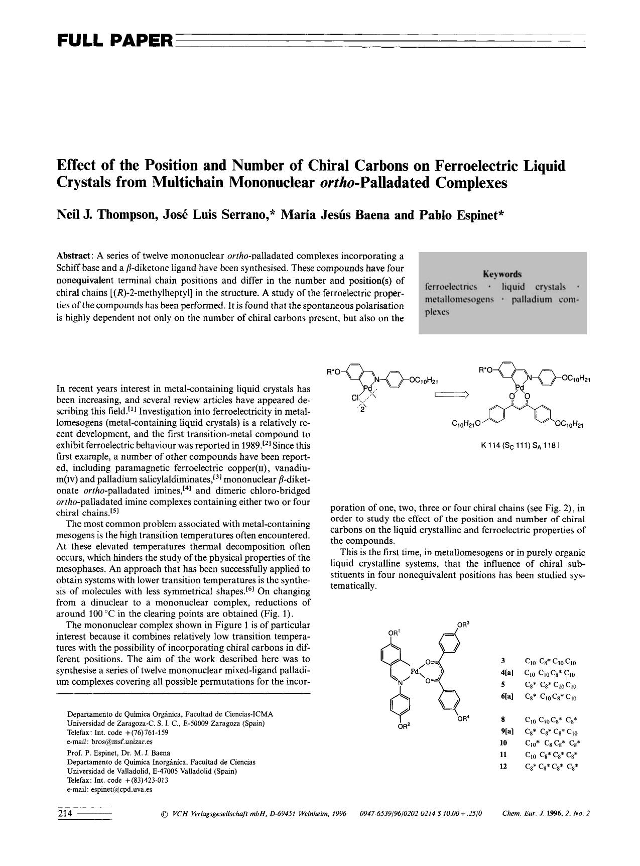 Effect of the Position and Number of Chiral Carbons on Ferroelectric Liquid Crystals from Multichain Mononuclear ortho-Palladated Complexes by Unknown
