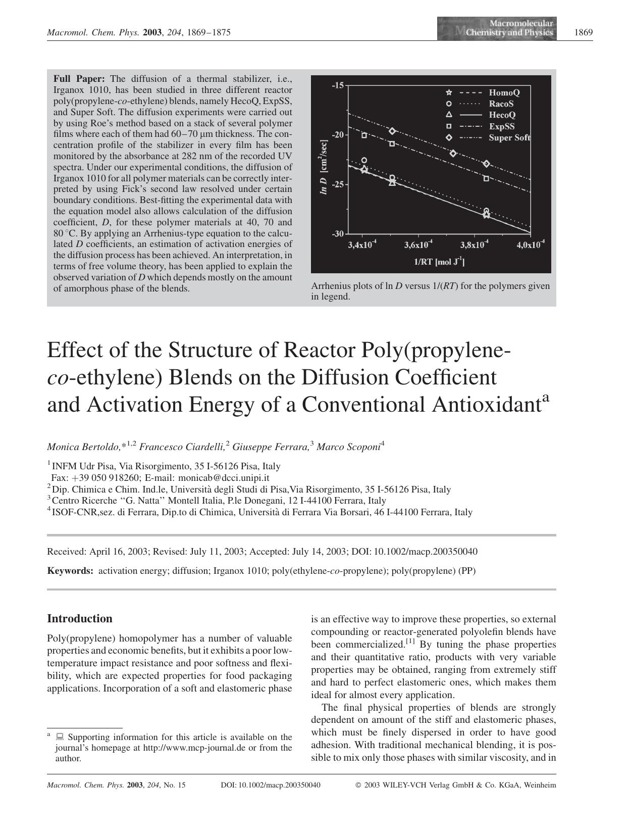 Effect of the Structure of Reactor Poly(propylene-co-ethylene) Blends on the Diffusion Coefficient and Activation Energy of a Conventional Antioxidant by Unknown