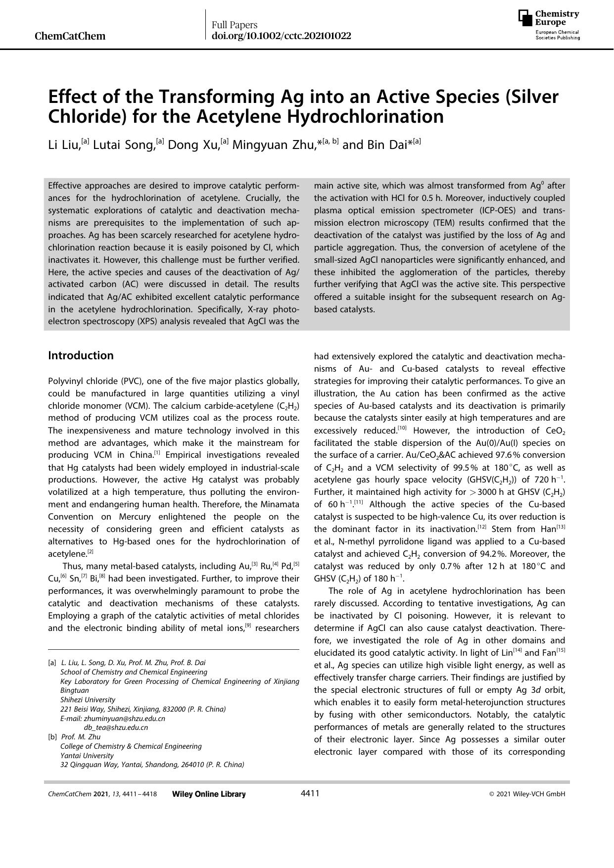Effect of the Transforming Ag into an Active Species (Silver Chloride) for the Acetylene Hydrochlorination by Unknown