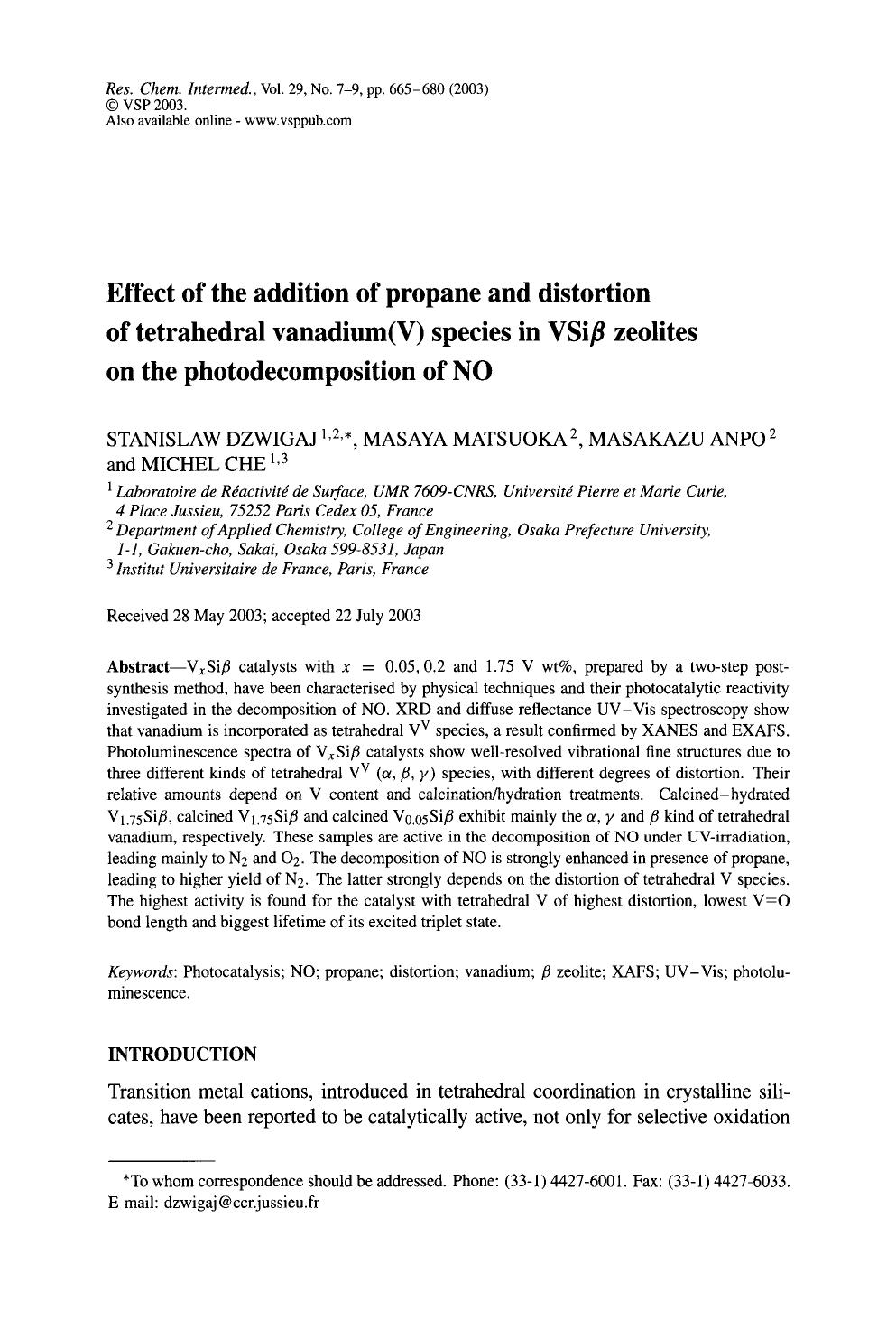 Effect of the addition of propane and distortion of tetrahedral vanadium(V) species in VSiβ zeolites on the photodecomposition of NO by Unknown