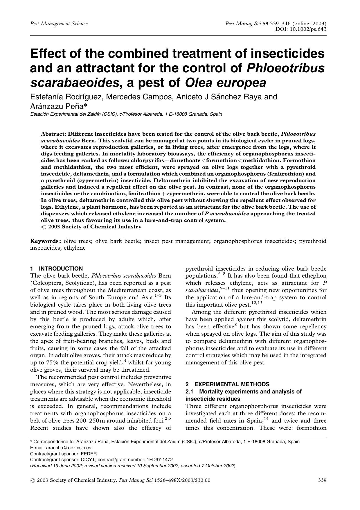 Effect of the combined treatment of insecticides and an attractant for the control of Phloeotribus scarabaeoides, a pest of Olea europea by Unknown