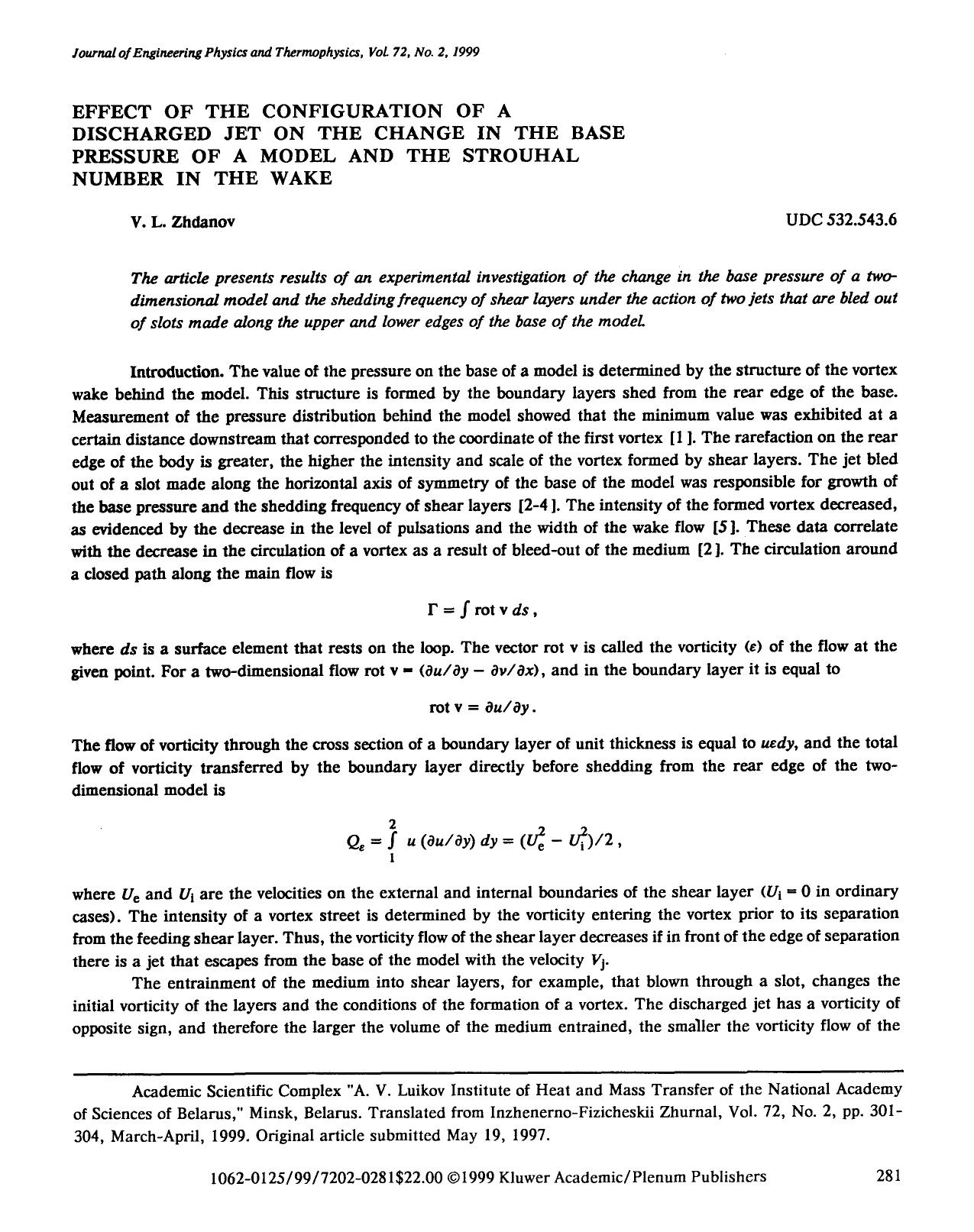 Effect of the configuration of a discharged jet on the change in the base pressure of a model and the strouhal number in the wake by Unknown