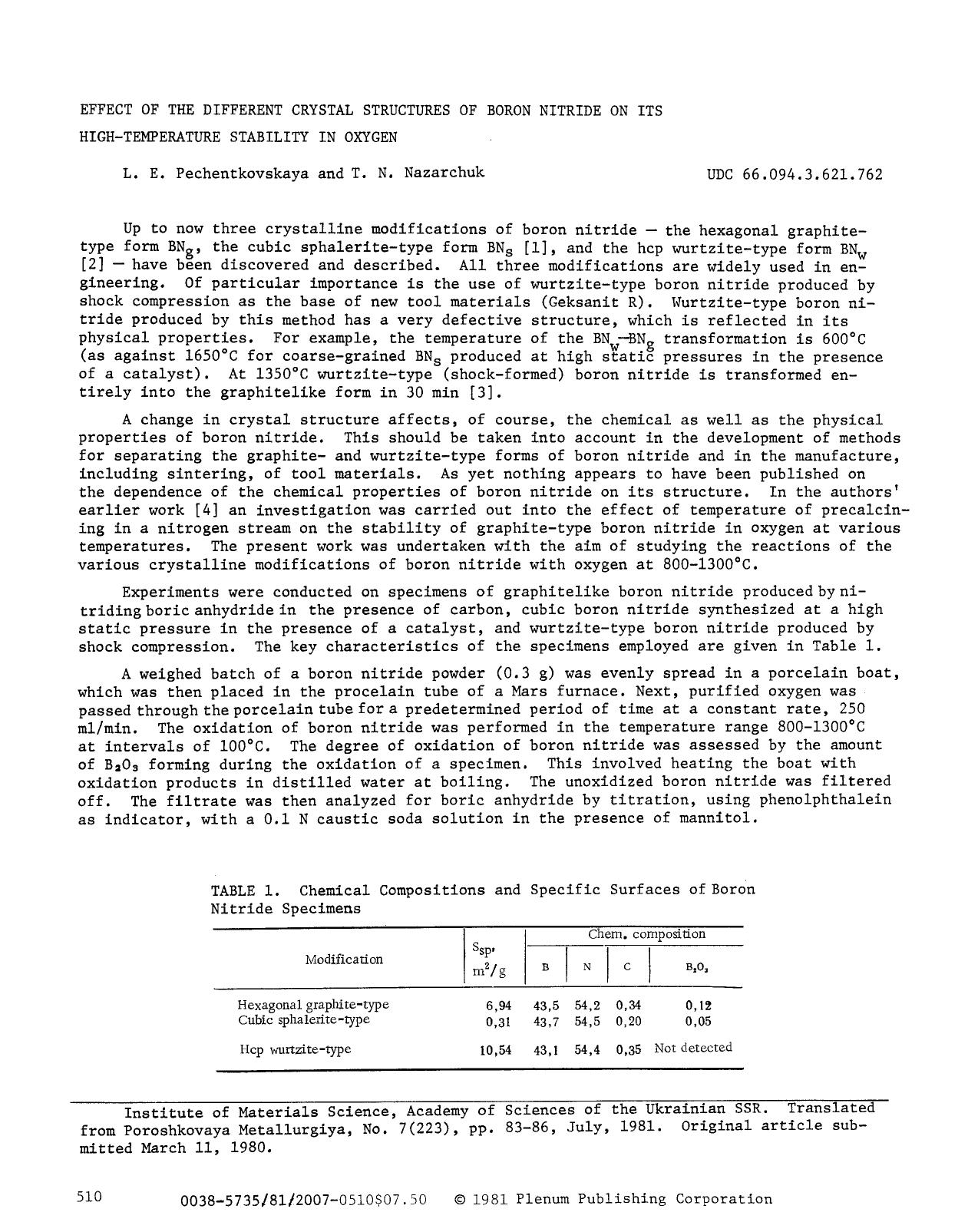 Effect of the different crystal structures of boron nitride on its high-temperature stability in oxygen by Unknown