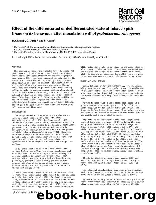 Effect of the differentiated or dedifferentiated state of tobacco pith tissue on its behaviour after inoculation with <Emphasis Type="Italic">Agrobacterium rhizogenes<Emphasis> by Unknown