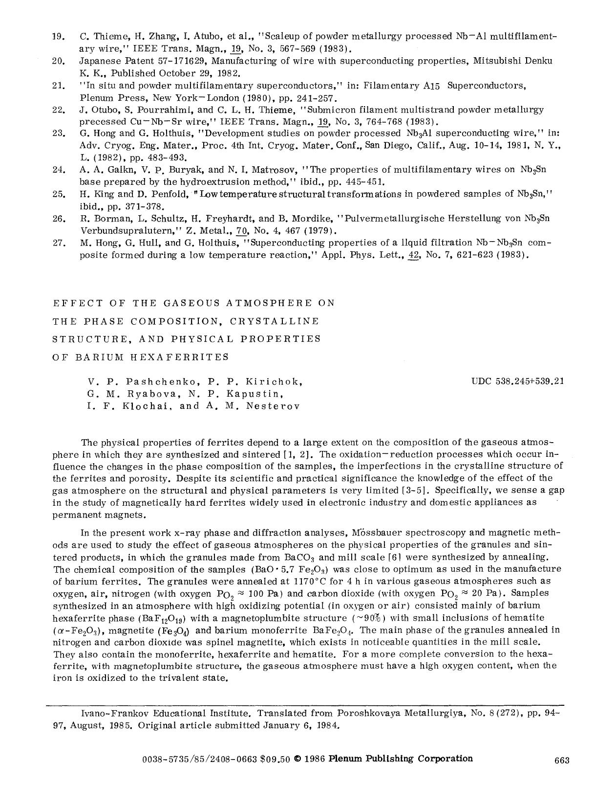 Effect of the gaseous atmosphere on the phase composition, crystalline structure, and physical properties of barium hexaferrites by Unknown