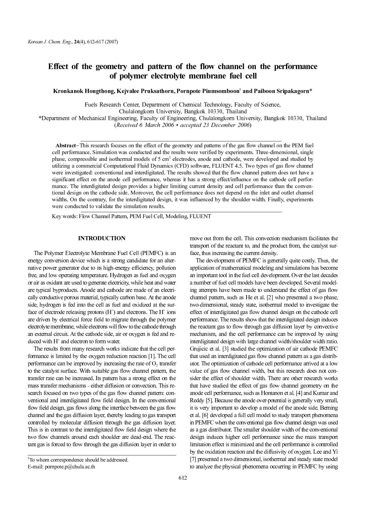 Effect of the geometry and pattern of the flow channel on the performance of polymer electrolyte membrane fuel cell by Unknown