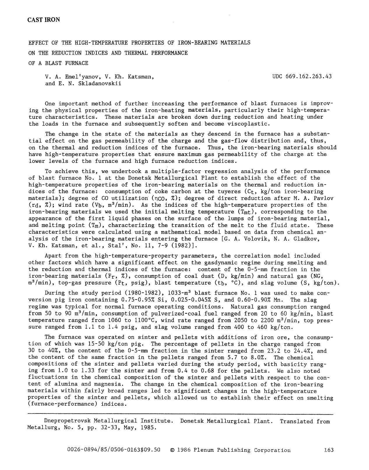 Effect of the high-temperature properties of iron-bearing materials on the reduction indices and thermal performance of a blast furnace by Unknown