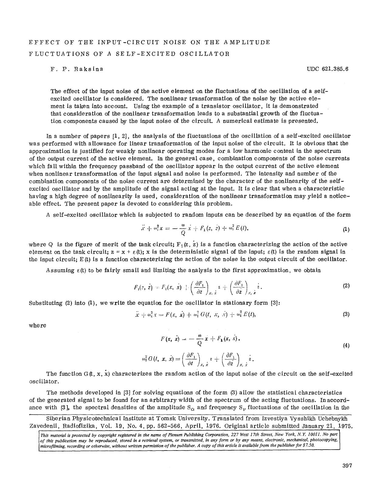 Effect of the input-circuit noise on the amplitude fluctuations of a self-excited oscillator by Unknown