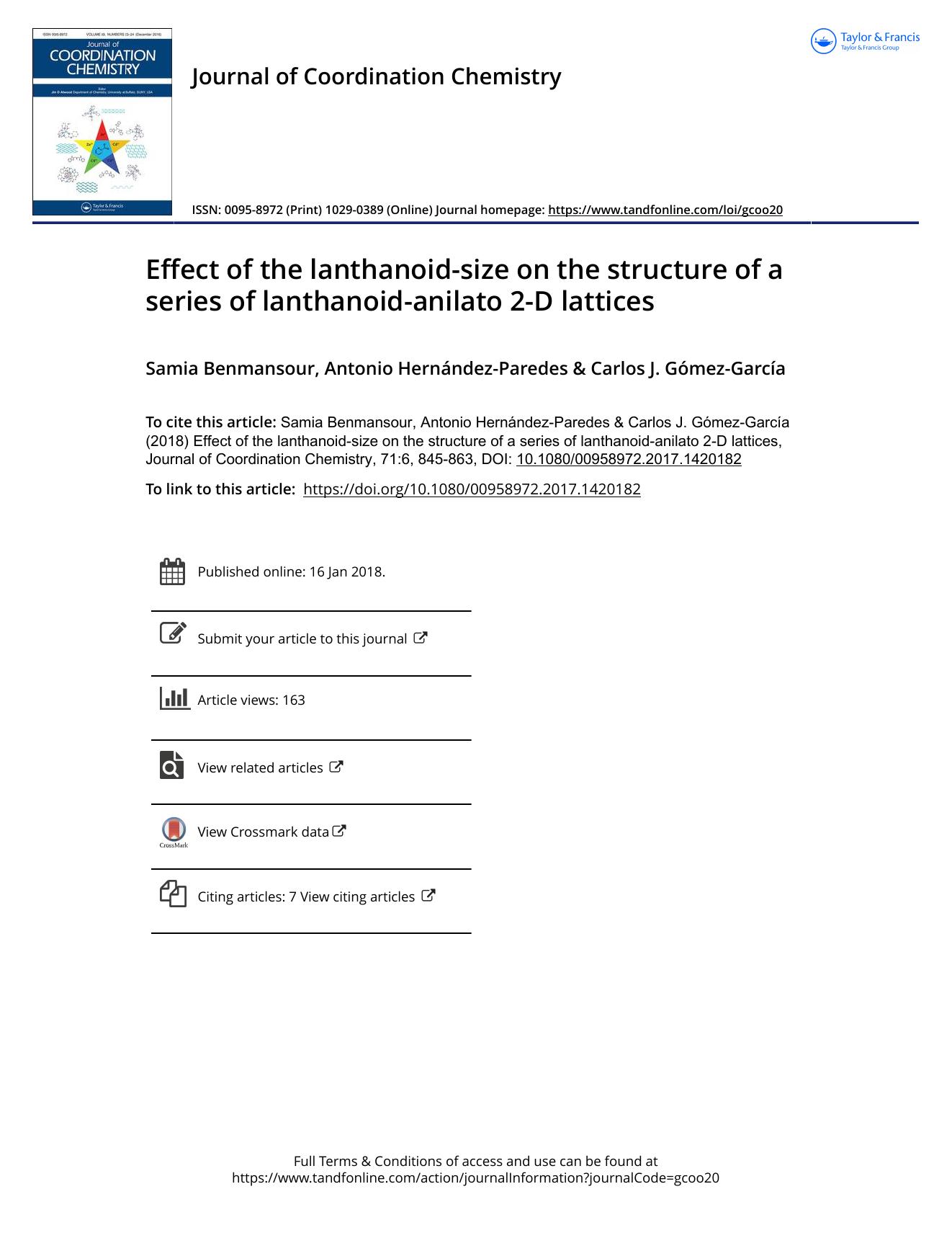 Effect of the lanthanoid-size on the structure of a series of lanthanoid-anilato 2-D lattices by Samia Benmansour & Antonio Hernández-Paredes & Carlos J. Gómez-García