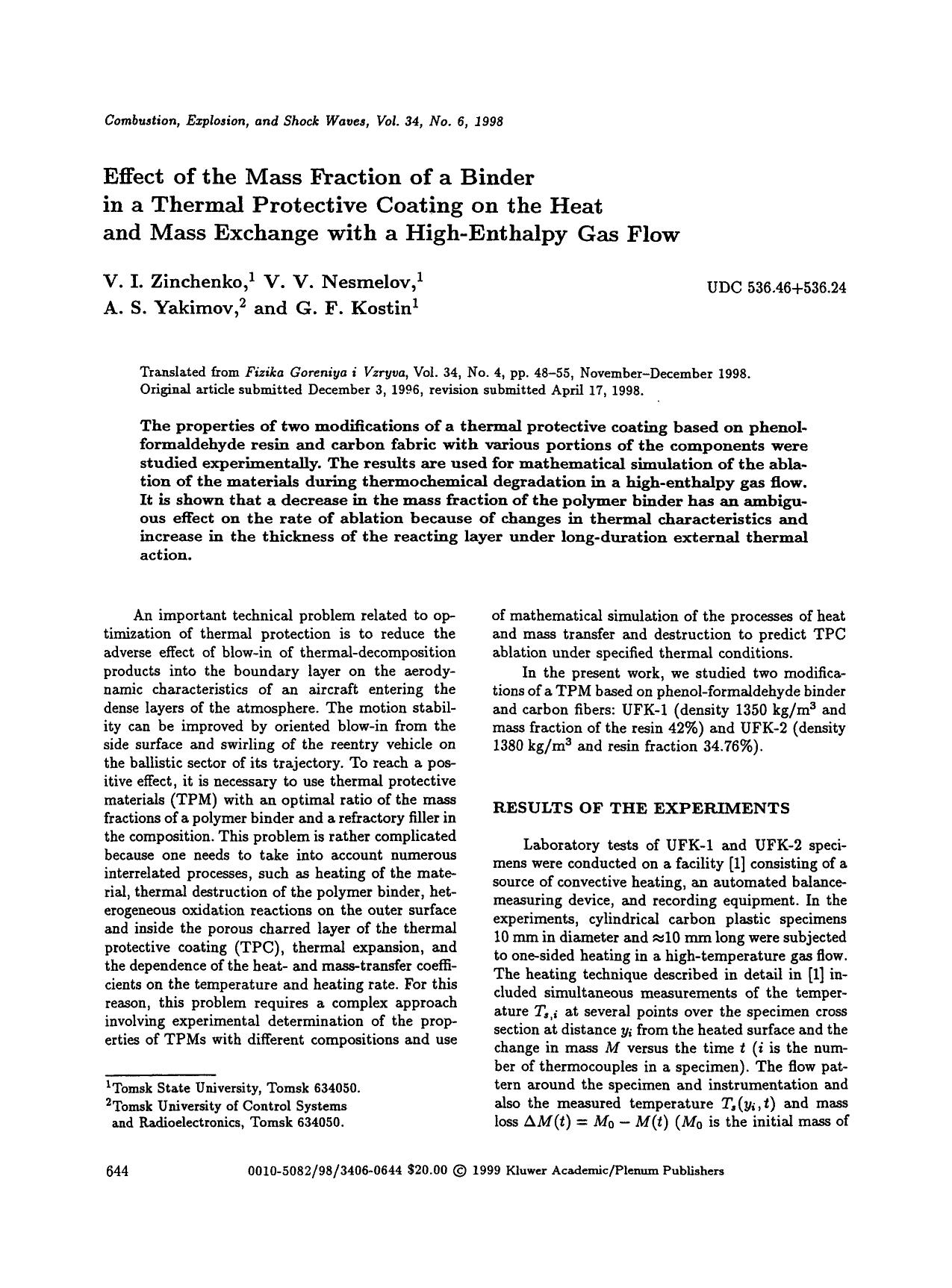 Effect of the mass fraction of a binder in a thermal protective coating on the heat and mass exchange with a high-enthalpy gas flow by Unknown