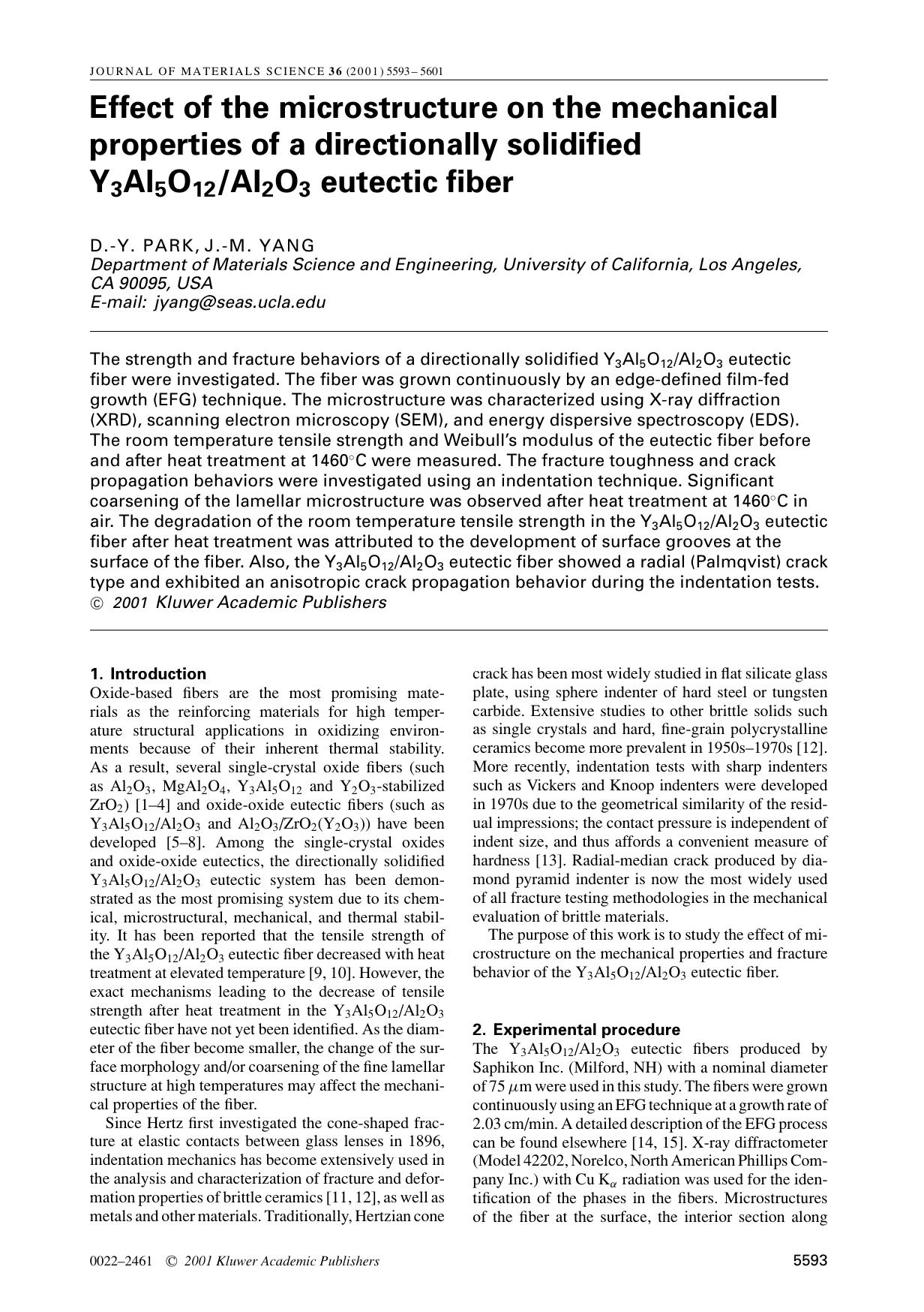 Effect of the microstructure on the mechanical properties of a directionally solidified Y3Al5O12Al2O3 eutectic fiber by Unknown