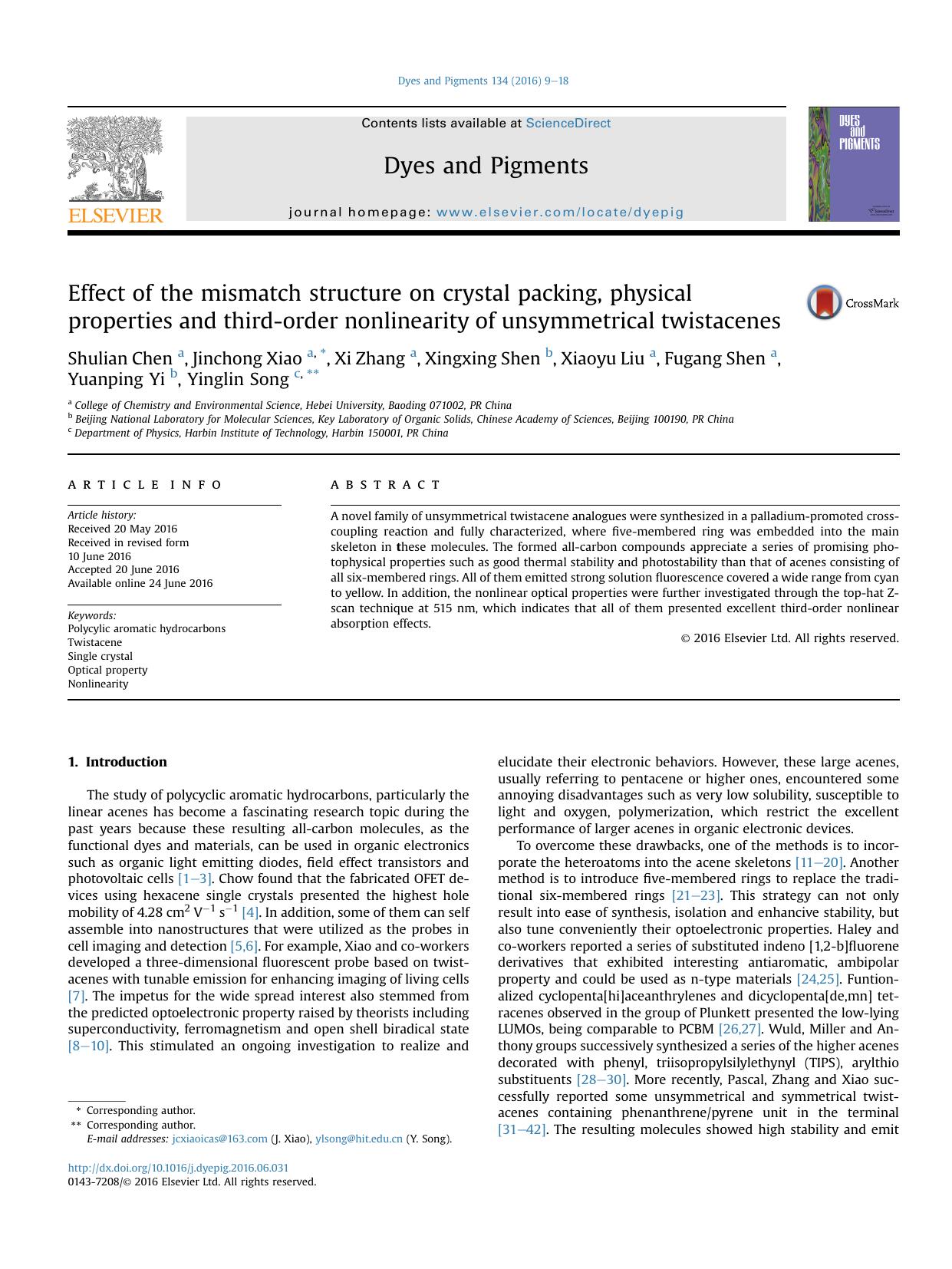Effect of the mismatch structure on crystal packing, physical properties and third-order nonlinearity of unsymmetrical twistacenes by unknow