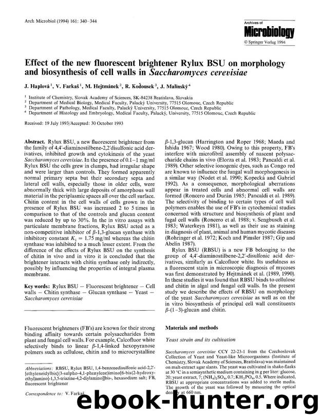 Effect of the new fluorescent brightener Rylux BSU on morphology and biosynthesis of cell walls in <Emphasis Type="Italic">Saccharomyces cerevisiae<Emphasis> by Unknown