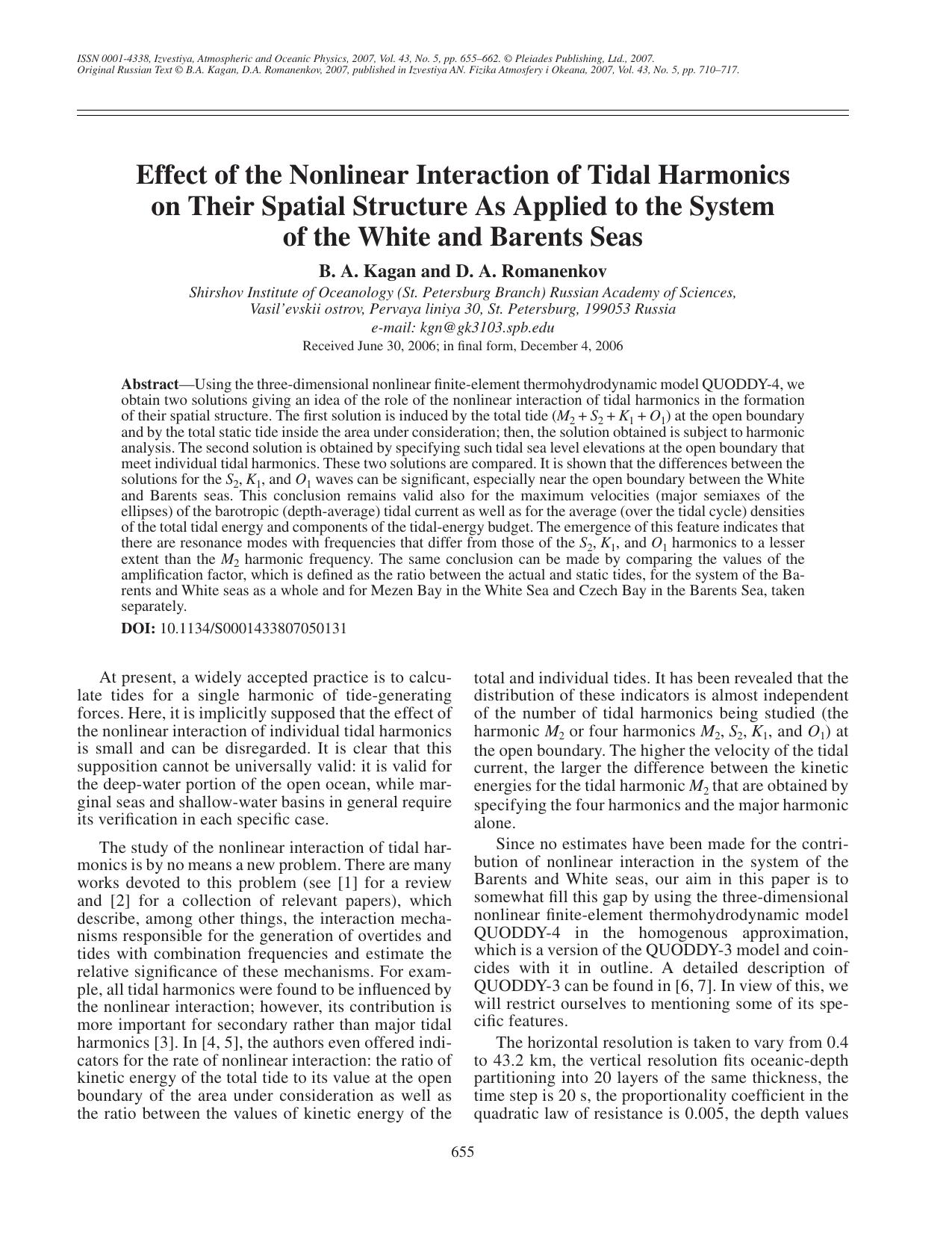 Effect of the nonlinear interaction of tidal harmonics on their spatial structure as applied to the system of the white and Barents Seas by Unknown