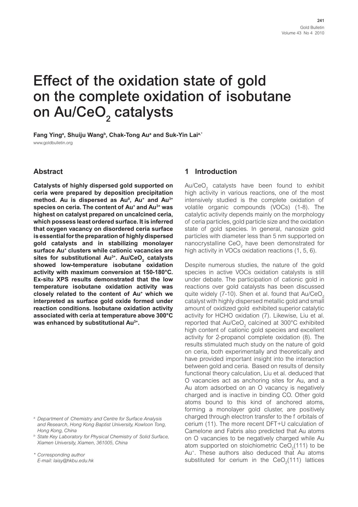 Effect of the oxidation state of gold on the complete oxidation of isobutane on AuCeO <Subscript>2 <Subscript> catalysts by Unknown