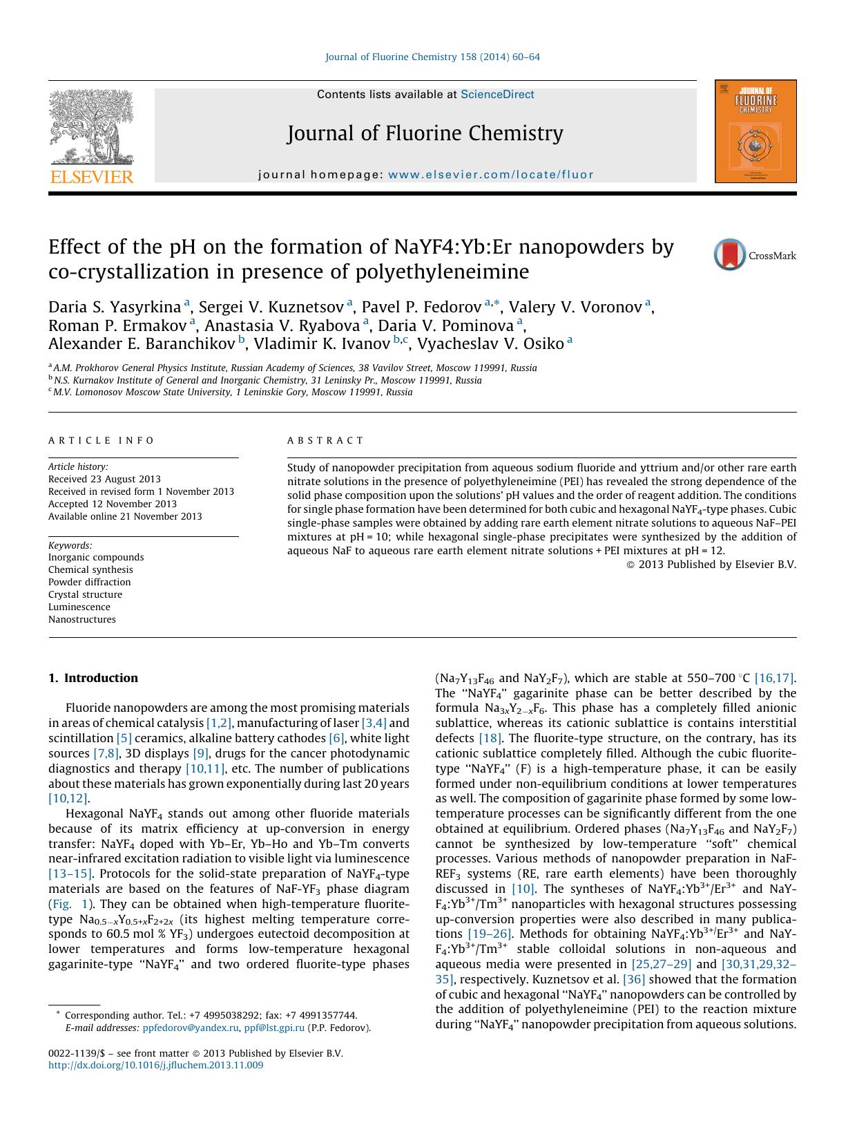 Effect of the pH on the formation of NaYF4:Yb:Er nanopowders by co-crystallization in presence of polyethyleneimine by unknow