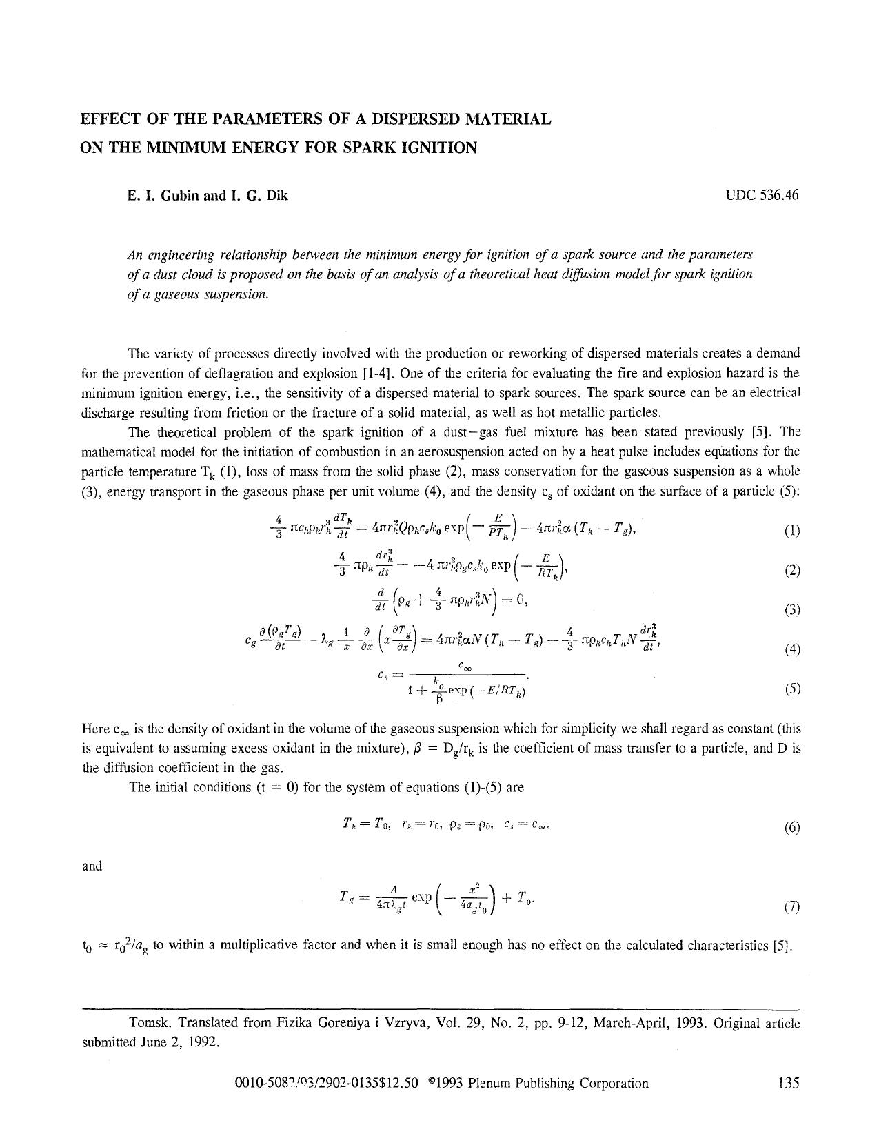 Effect of the parameters of a dispersed material on the minimum energy for spark ignition by Unknown
