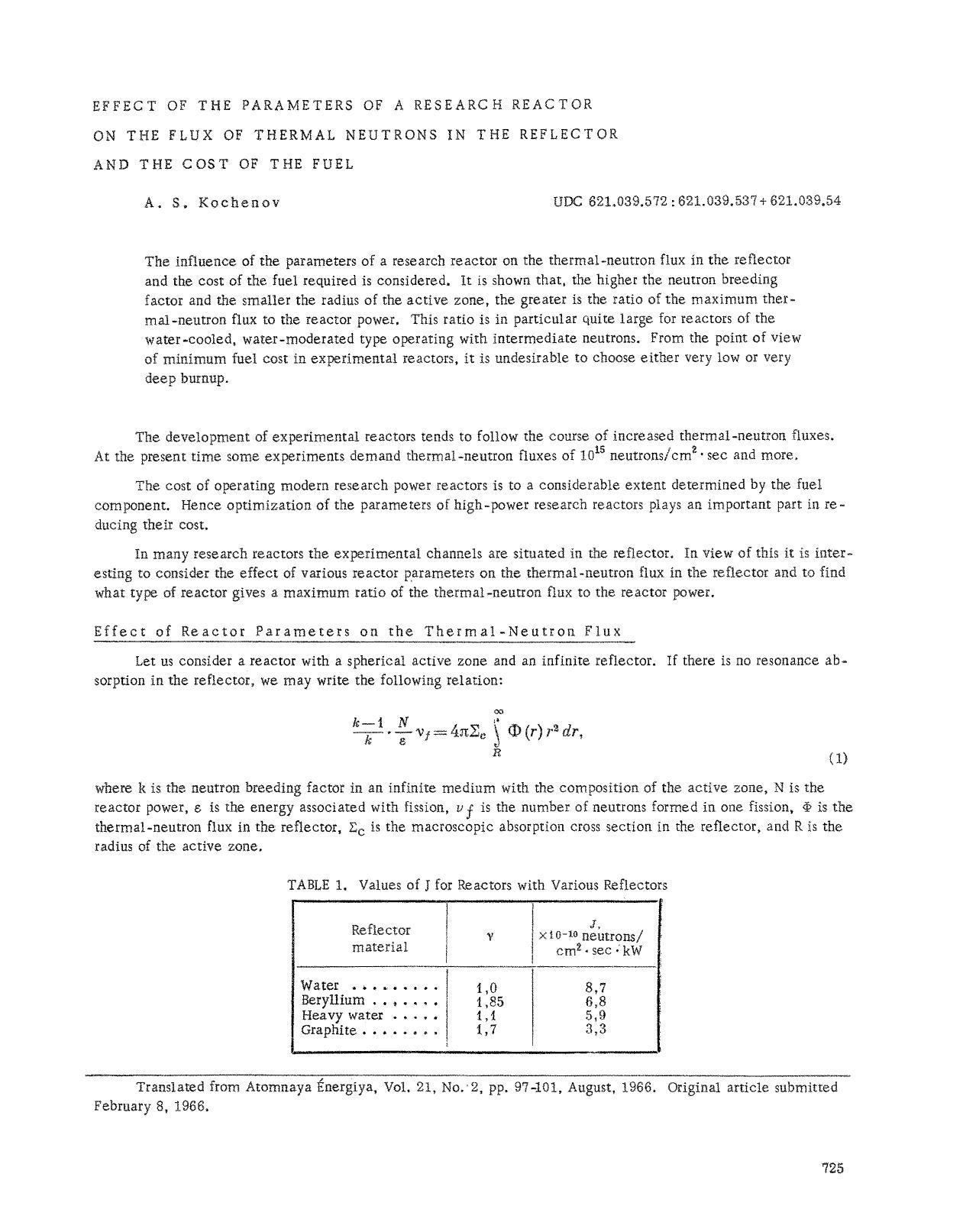 Effect of the parameters of a research reactor on the flux of thermal neutrons in the reflector and the cost of the fuel by Unknown