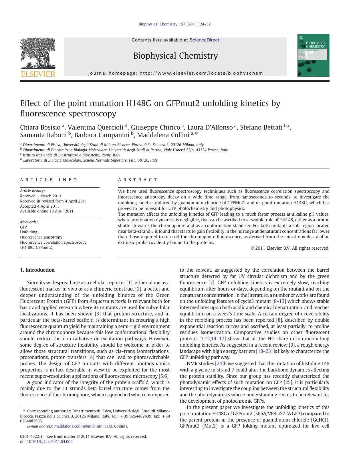 Effect of the point mutation H148G on GFPmut2 unfolding kinetics by fluorescence spectroscopy by unknow