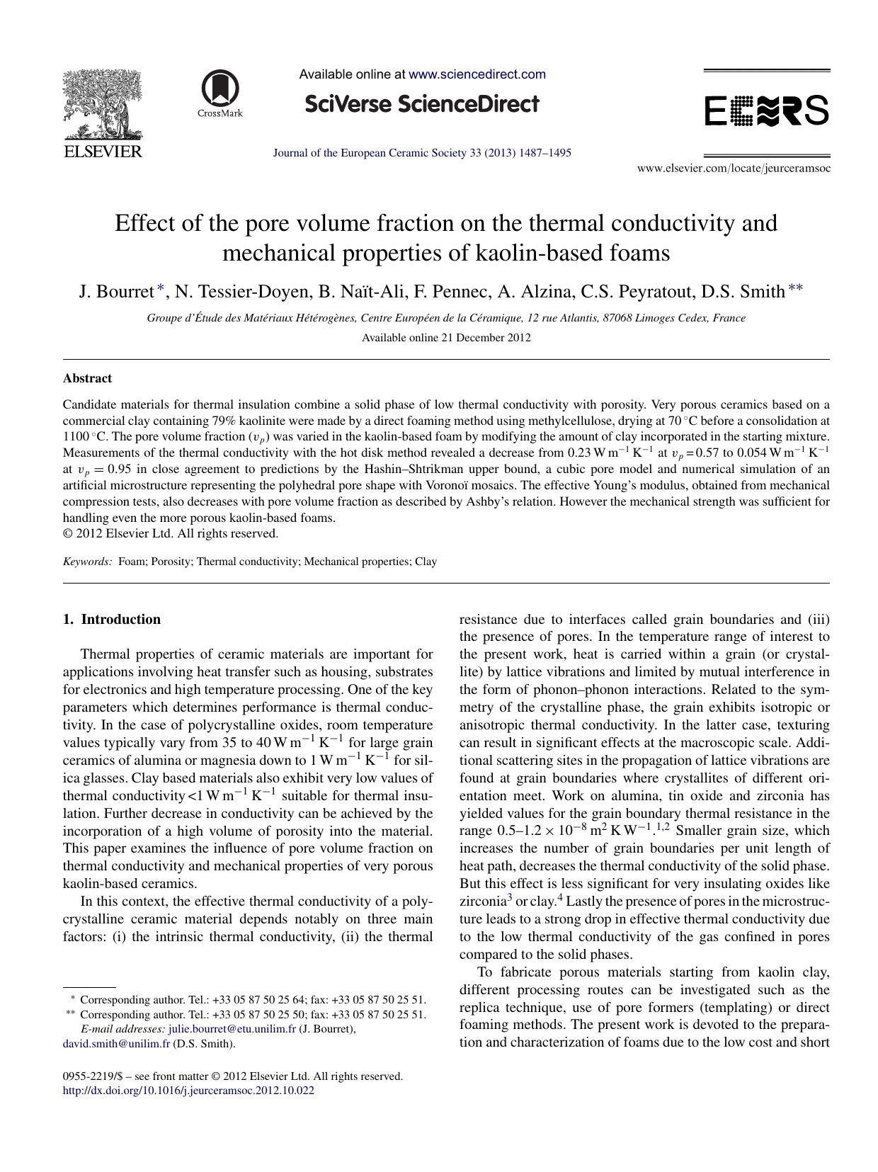 Effect of the pore volume fraction on the thermal conductivity and mechanical properties of kaolin-based foams by J. Bourret & N. Tessier-Doyen & B. Naït-Ali & F. Pennec & A. Alzina & C.S. Peyratout & D.S. Smith