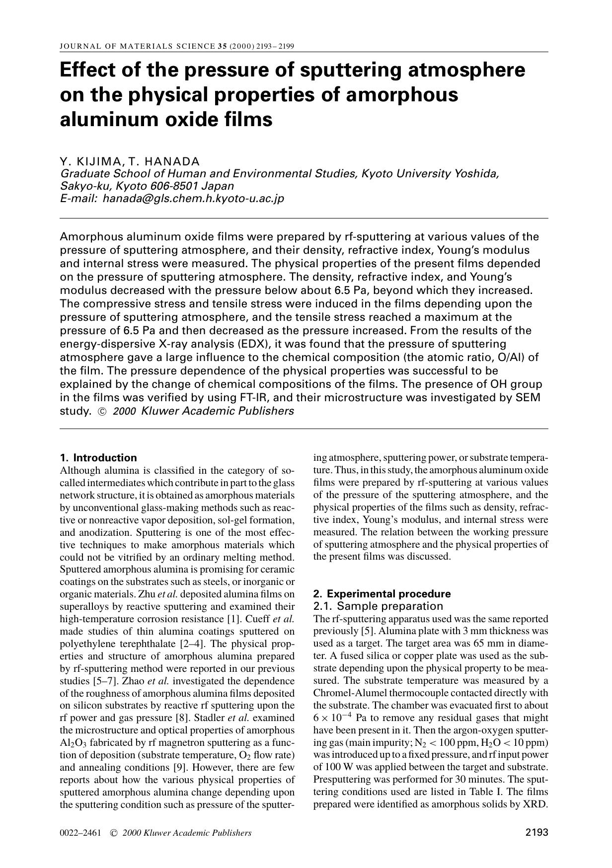 Effect of the pressure of sputtering atmosphere on the physical properties of amorphous aluminum oxide films by Unknown