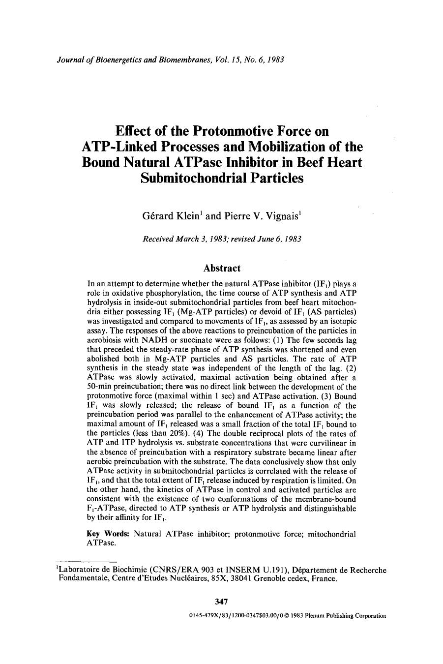 Effect of the protonmotive force on ATP-linked processes and mobilization of the bound natural ATPase inhibitor in beef heart submitochondrial particles by Unknown