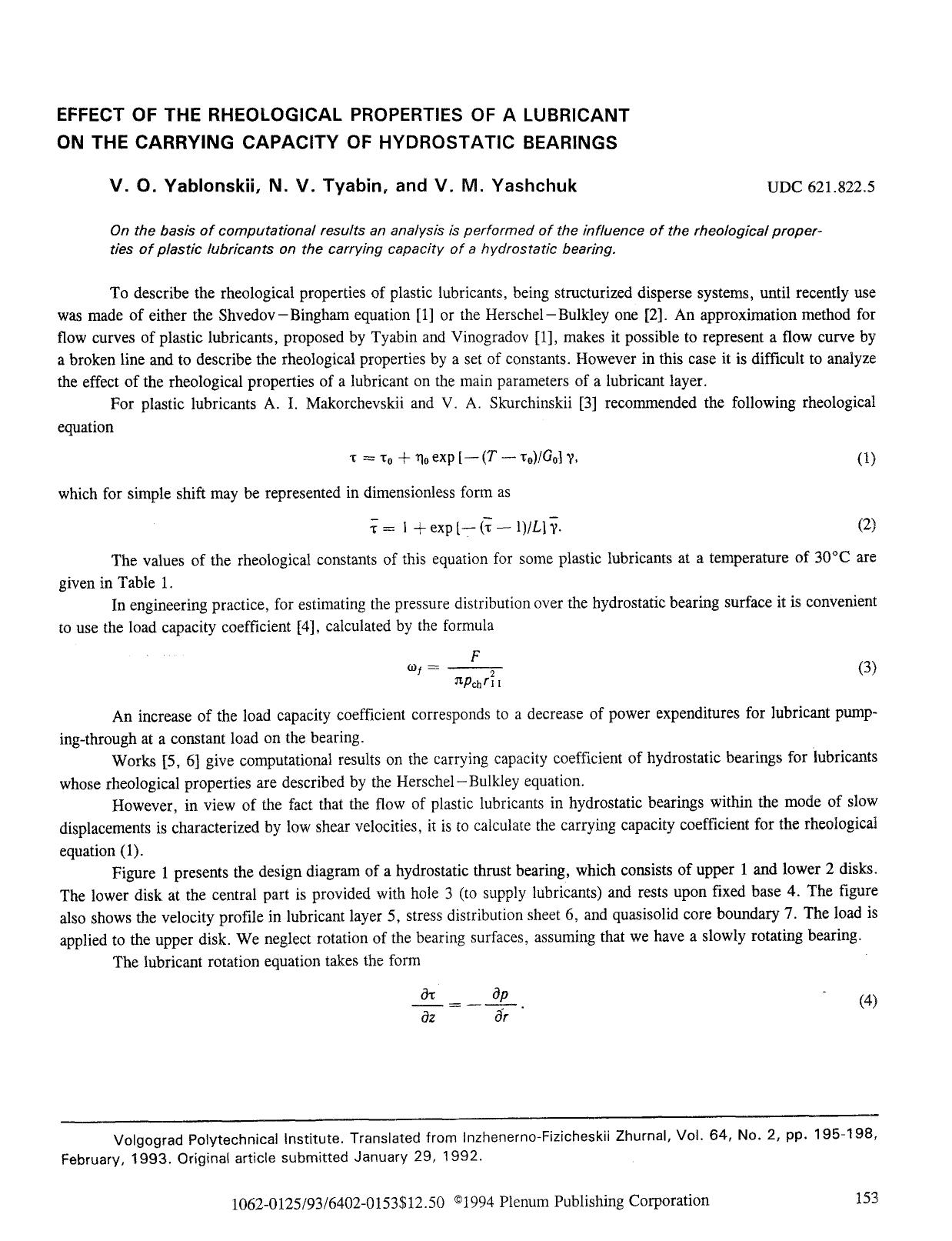 Effect of the rheological properties of a lubricant on the carrying capacity of hydrostatic bearings by Unknown