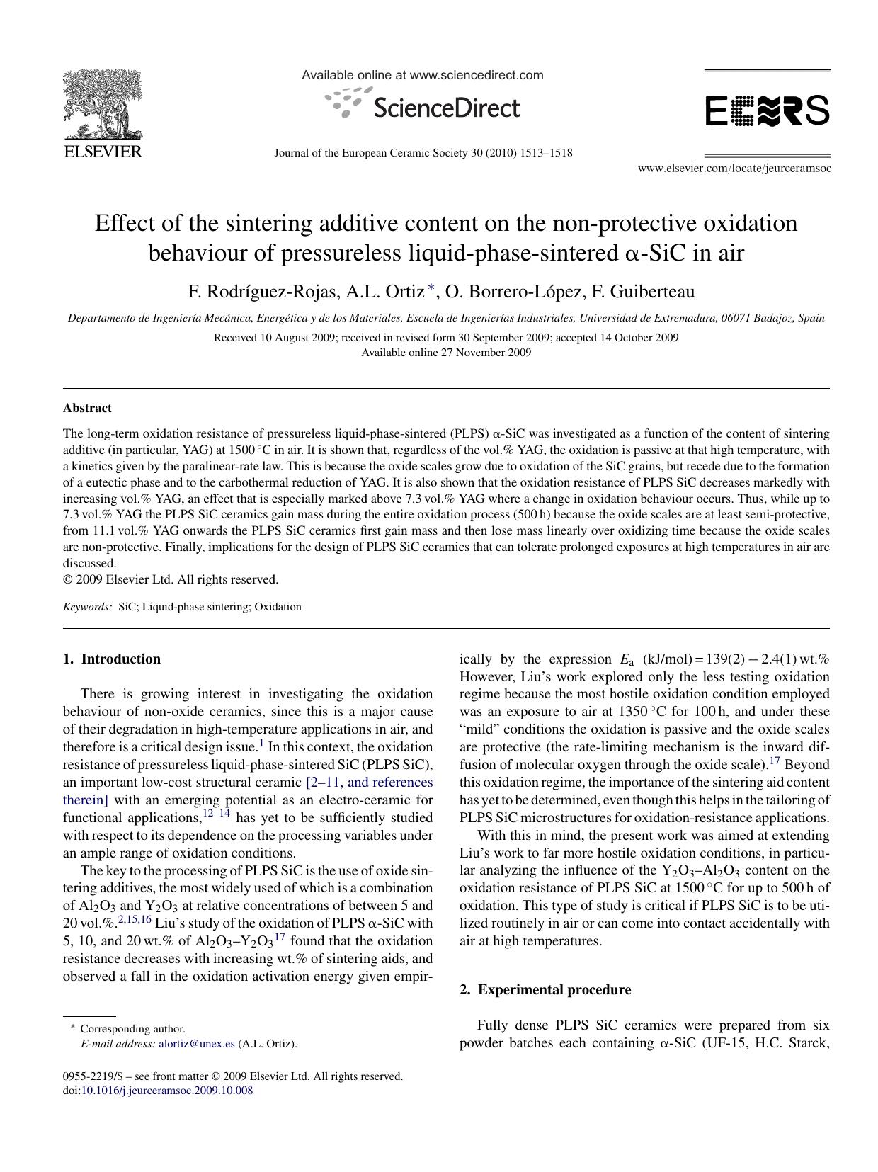 Effect of the sintering additive content on the non-protective oxidation behaviour of pressureless liquid-phase-sintered ÃÂ±-SiC in air by F. RodrÃ­guez-Rojas; A.L. Ortiz; O. Borrero-LÃ³pez; F. Guiberteau
