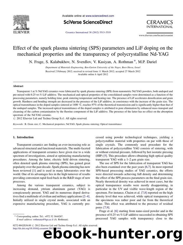 Effect of the spark plasma sintering (SPS) parameters and LiF doping on the mechanical properties and the transparency of polycrystalline Nd-YAG by N. Frage