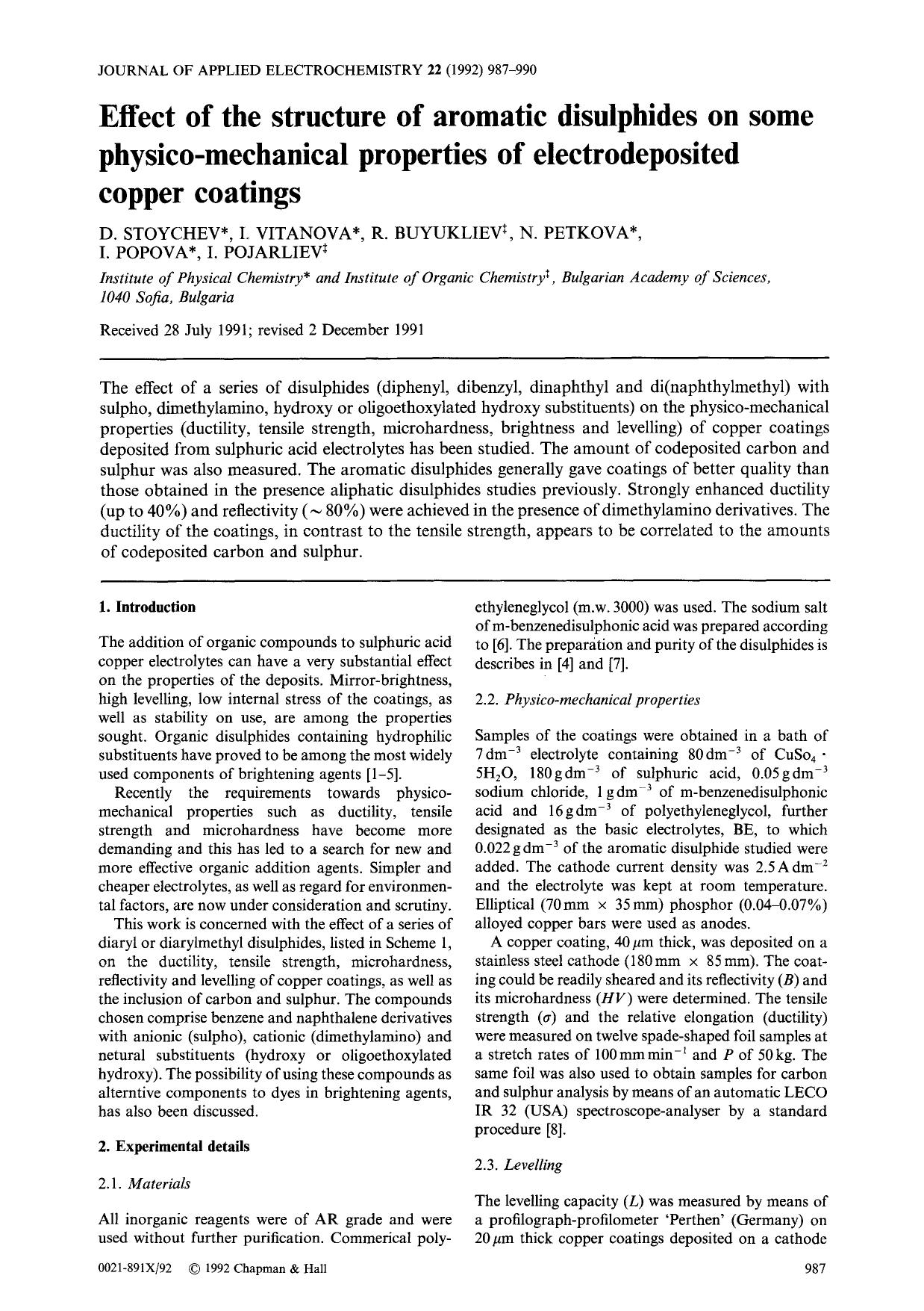 Effect of the structure of aromatic disulphides on some physico-mechanical properties of electrodeposited copper coatings by Unknown