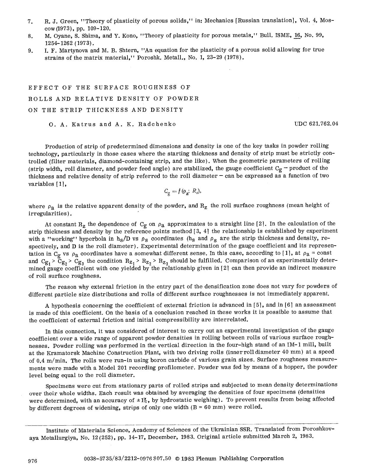 Effect of the surface roughness of rolls and relative density of powder on the strip thickness and density by Unknown